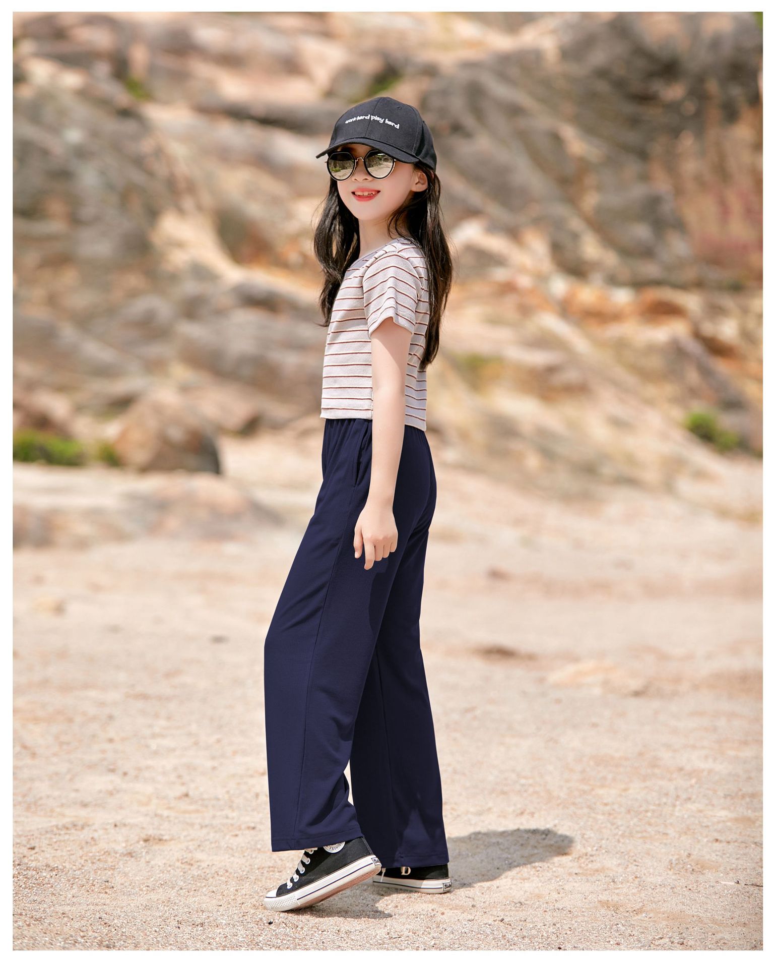 Kids Elastic Solid Long Pants Navy Blue [P31154]