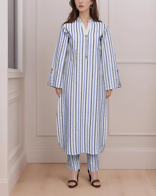 Blue and White Striped Cotton Kurta Set