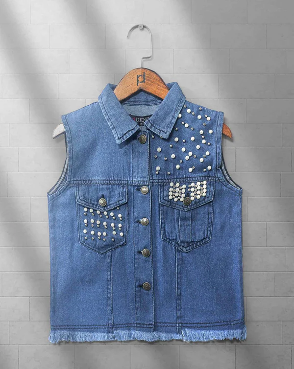 Sleeveless Denim Vest with Stud Embellishments