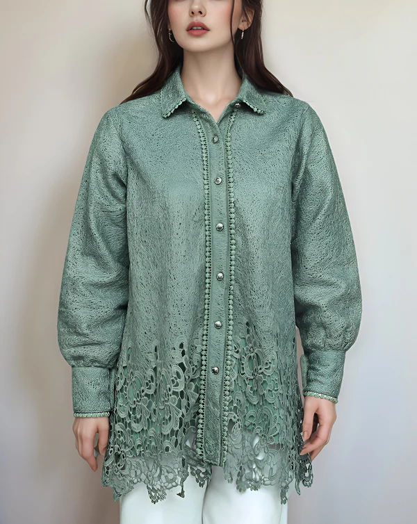 Green Lace-Trimmed Long Sleeve Blouse