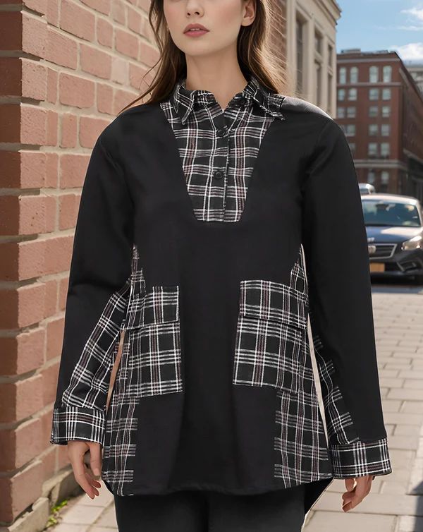 Black and Plaid Patchwork Long Sleeve Shirt