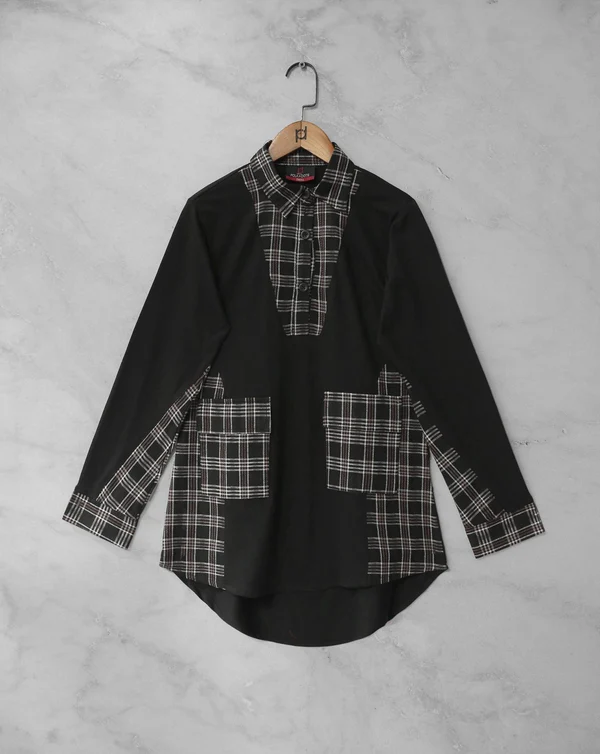 Black and Plaid Patchwork Long Sleeve Shirt