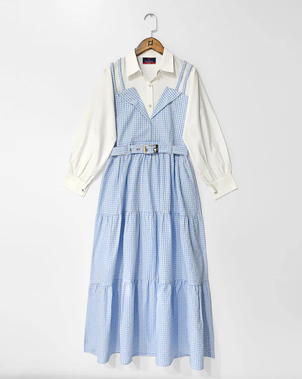 Blue Gingham Belted Maxi western Dress
