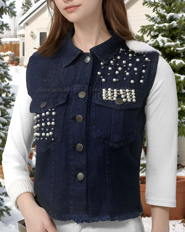 Pearl Embellished Denim Vest 