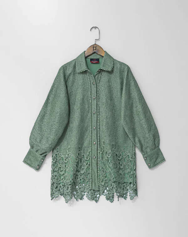 Green Lace-Trimmed Long Sleeve Blouse