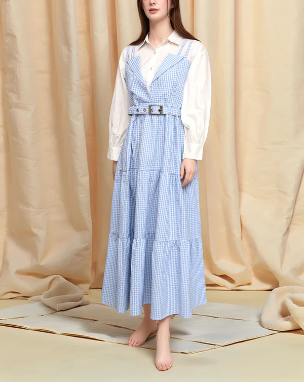 Blue Gingham Belted Maxi western Dress