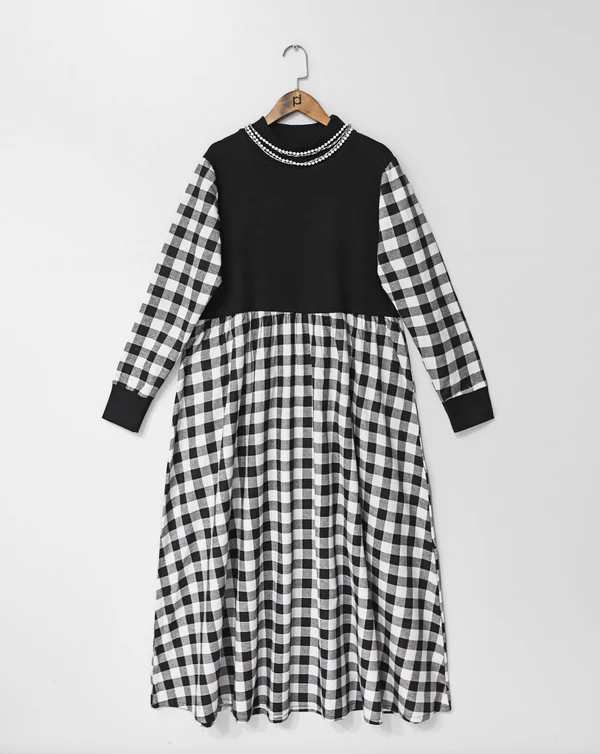 Black and White Checkered Long-Sleeve Dress