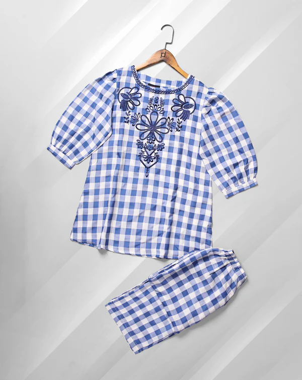 Blue Checkered Embroidered Tunic