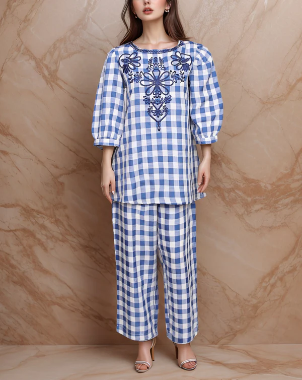 Blue Checkered Embroidered Tunic