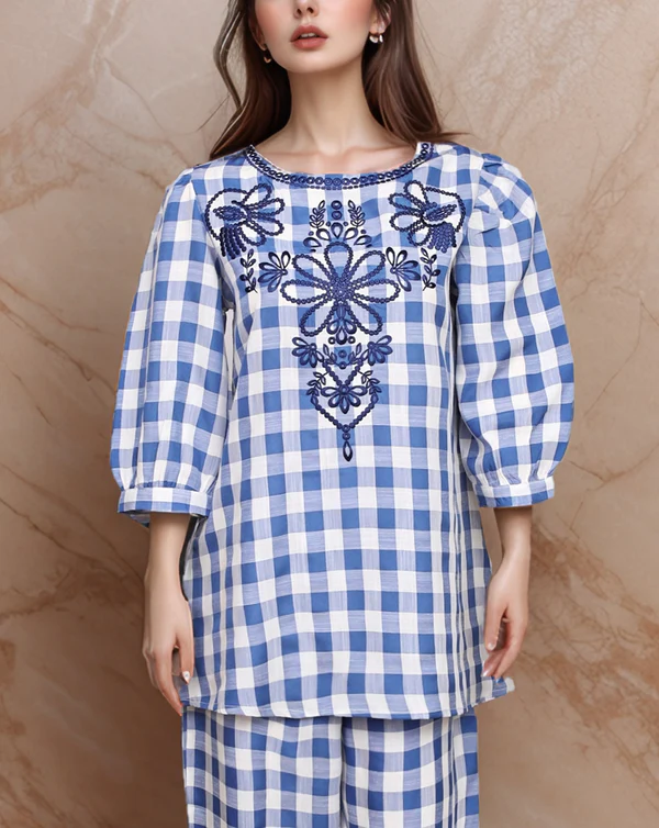 Blue Checkered Embroidered Tunic