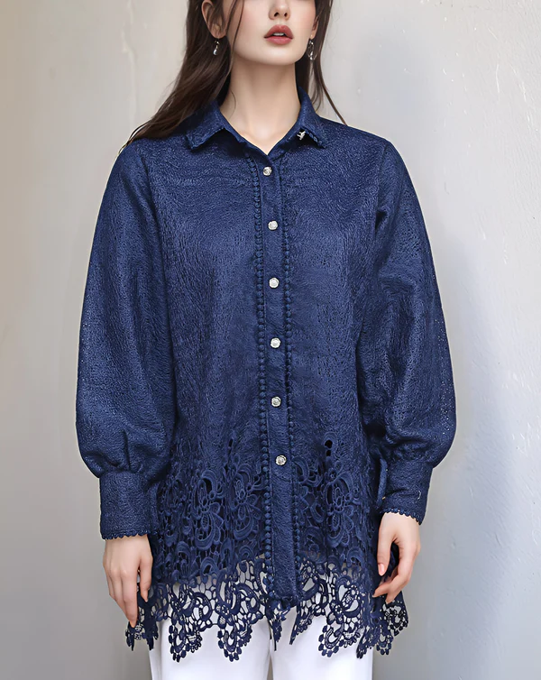 Navy Blue Lace Hem Blouse 