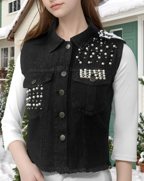Black Pearl-Embellished Denim Vest