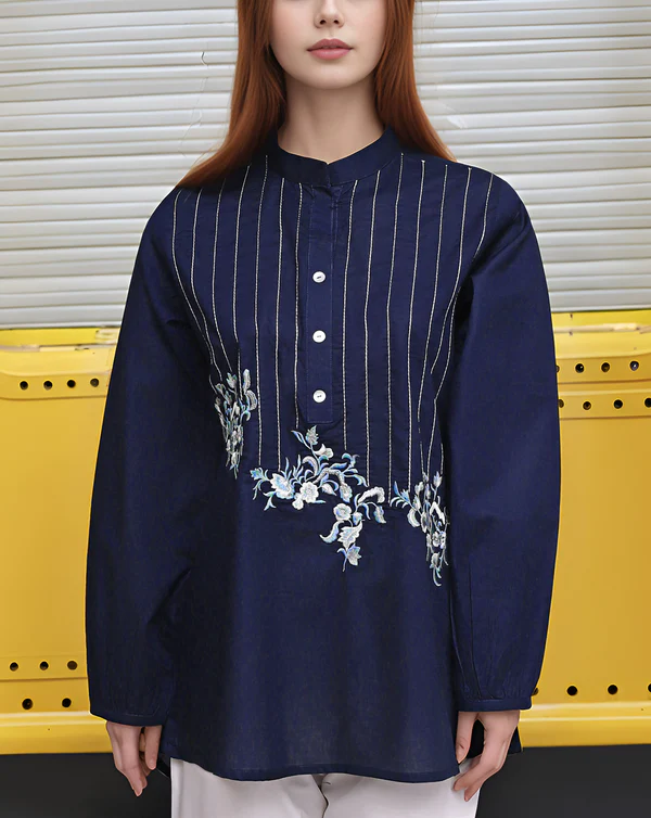 Navy Blue Embroidered Long-Sleeve Blouse