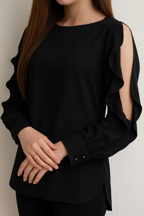 Black Ruffled Long Sleeve Blouse