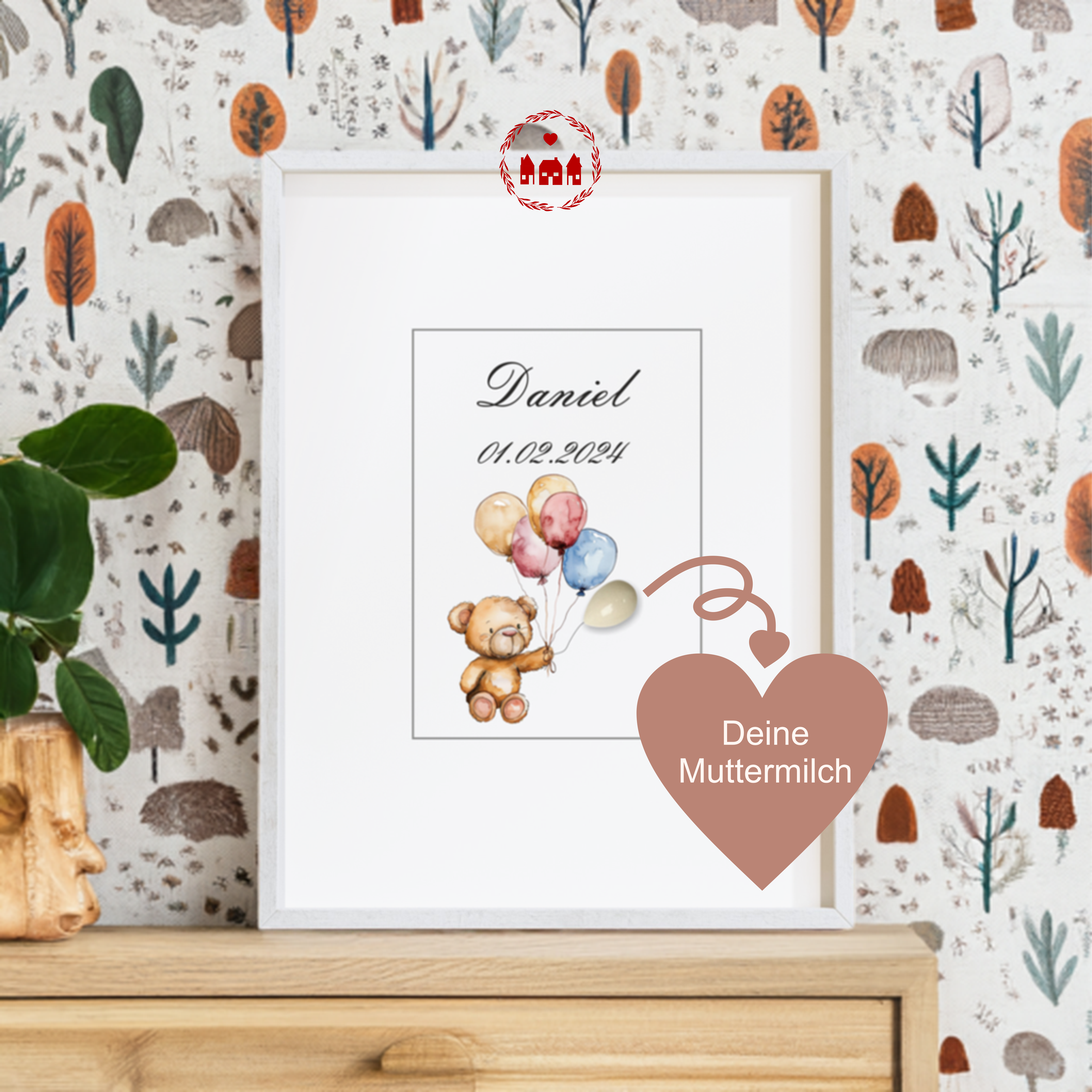 Muttermilch Bild - Süßer Bär mit Luftballons - Alternative Muttermilch Schmuck - Geburt - Baby - Mama - Geburtsposter - Namensposter