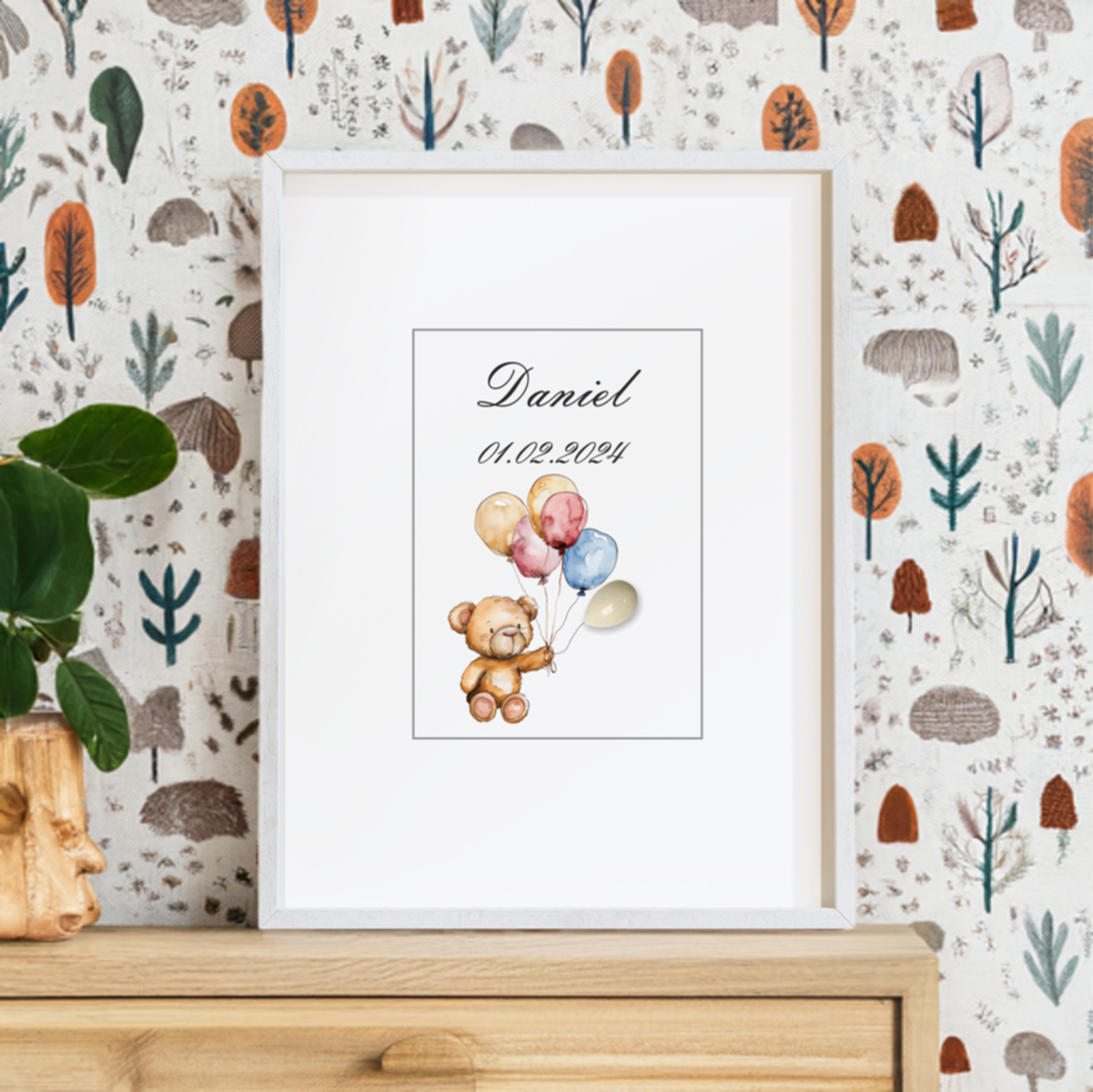 Muttermilch Bild - Süßer Bär mit Luftballons - Alternative Muttermilch Schmuck - Geburt - Baby - Mama - Geburtsposter - Namensposter