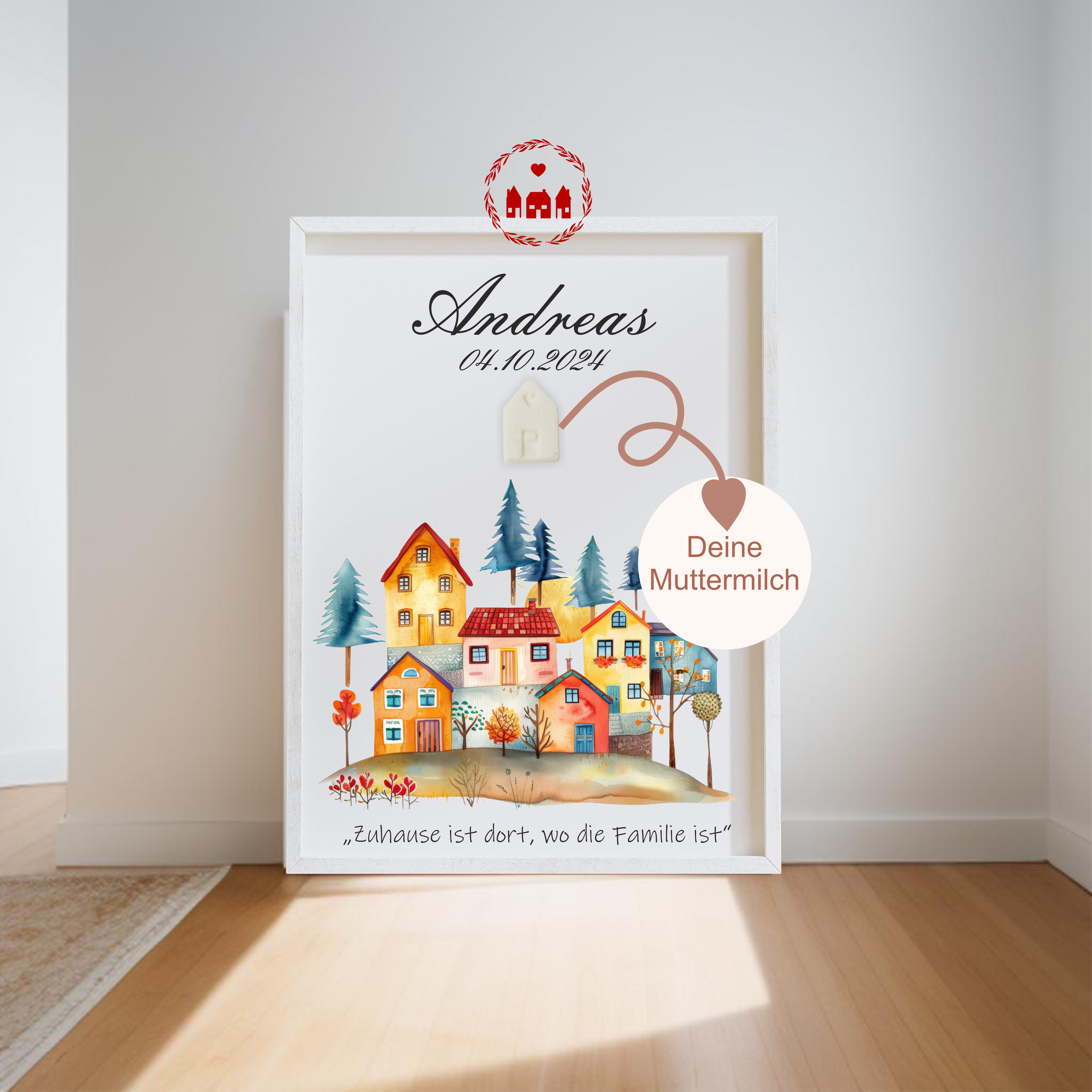 Muttermilch Bild - Häuser - Zuhause ist dort, wo die Familie ist - Alternative Muttermilchschmuck - Geburt - Baby - Mama - Kinderzimmer