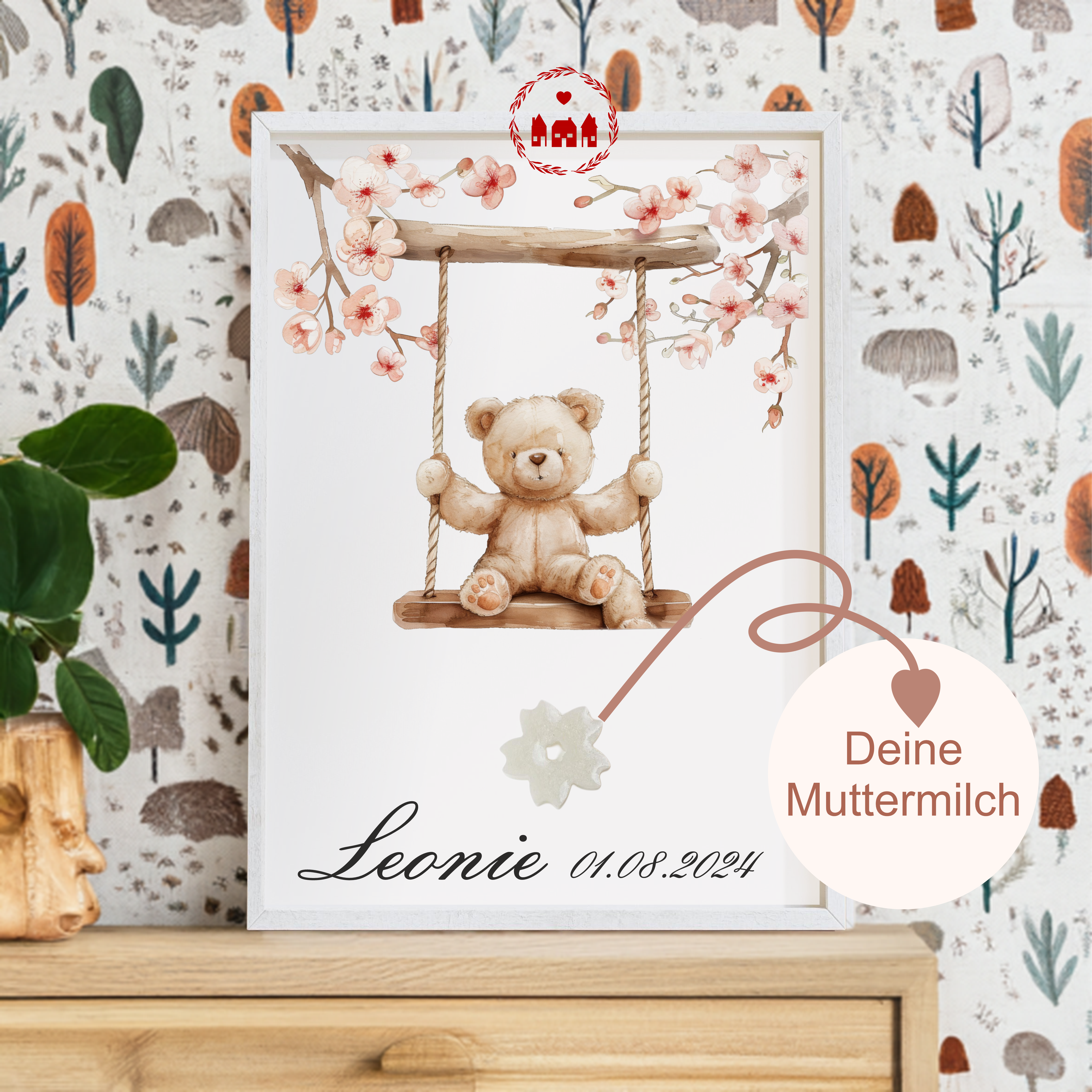 Muttermilch Bild - Schaukelnder Teddy - Alternative Muttermilchschmuck - Geburt - Baby - Mama - Kinderzimmer - Namensposter