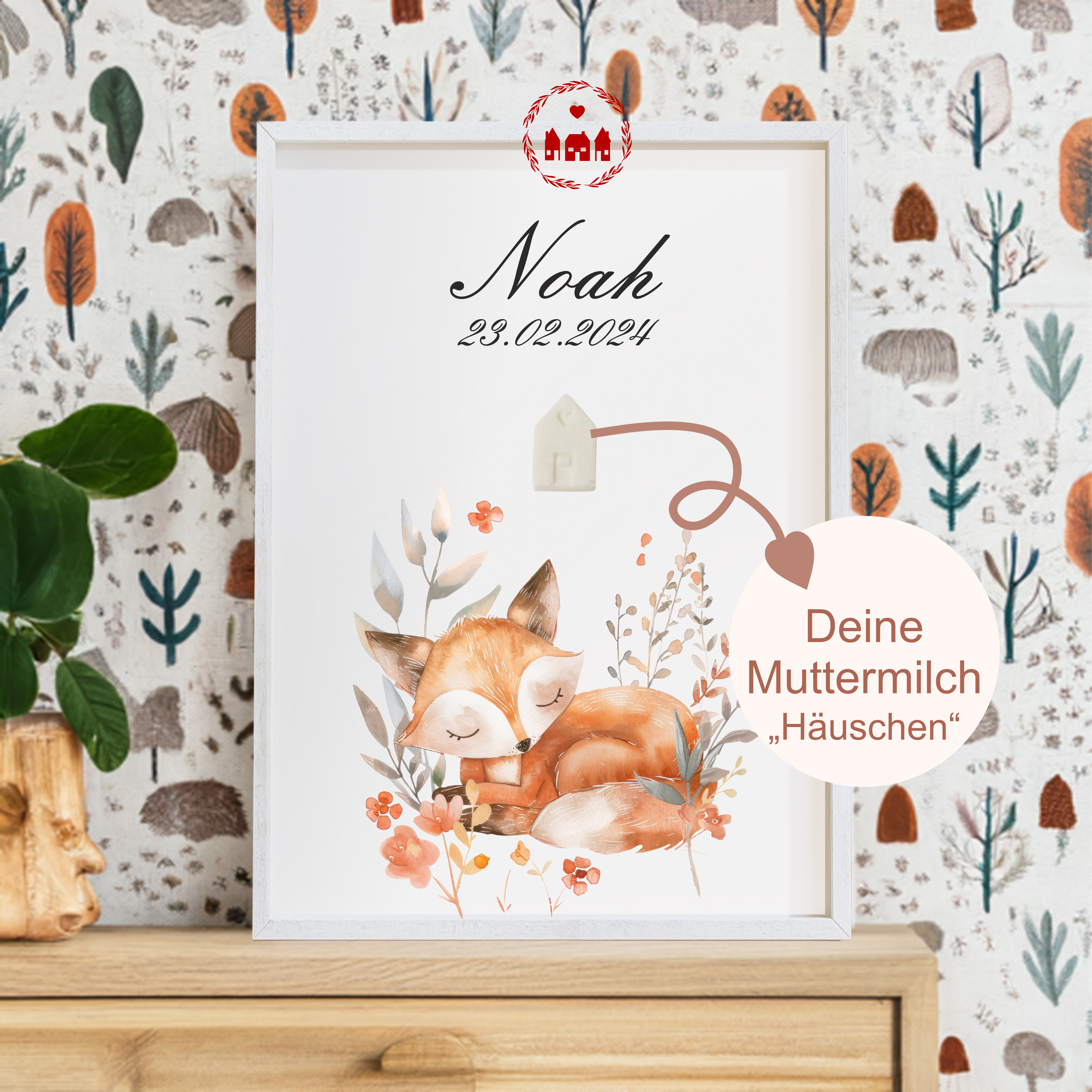 Muttermilch Bild - Schlafender Fuchs - Alternative Muttermilchschmuck - Geburt - Baby - Mama - Kinderzimmer - Namensposter