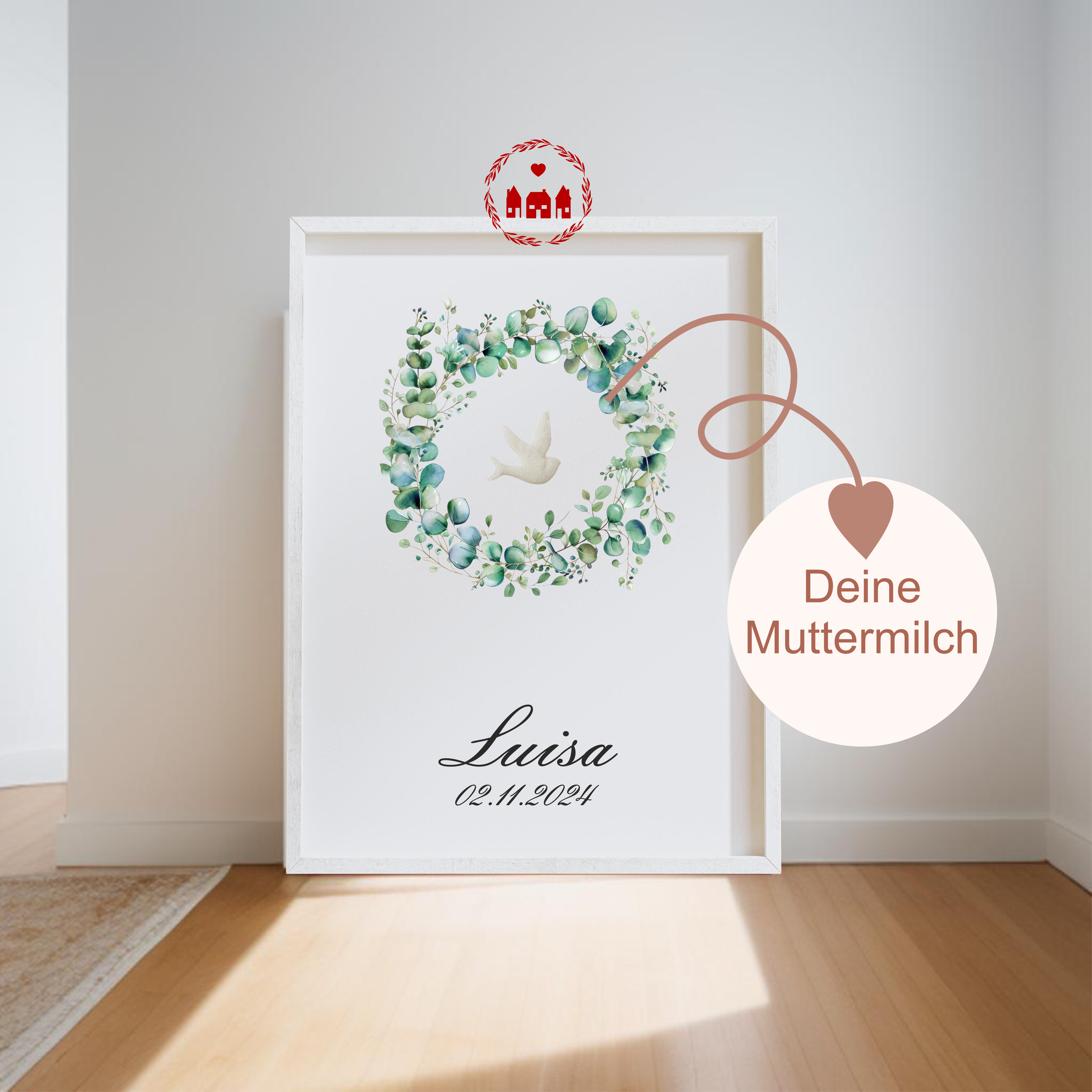 Muttermilch Bild - Eukalyptus - Alternative Muttermilchschmuck - Geburt - Baby - Mama - Kinderzimmer - Namensposter 