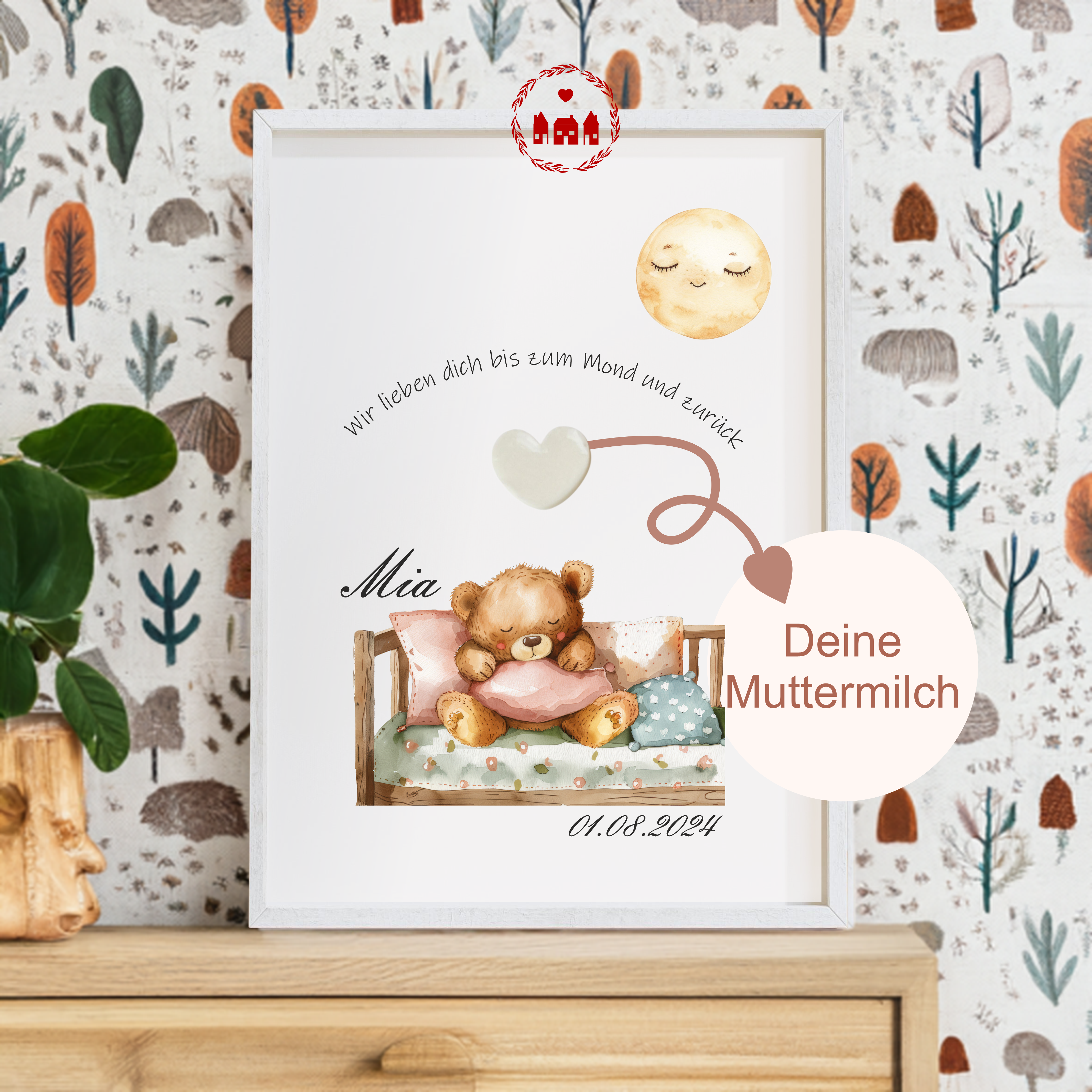 Muttermilch Bild - Wir lieben dich bis zum Mond und zurück - Alternative Muttermilchschmuck - Geburt - Baby - Mama