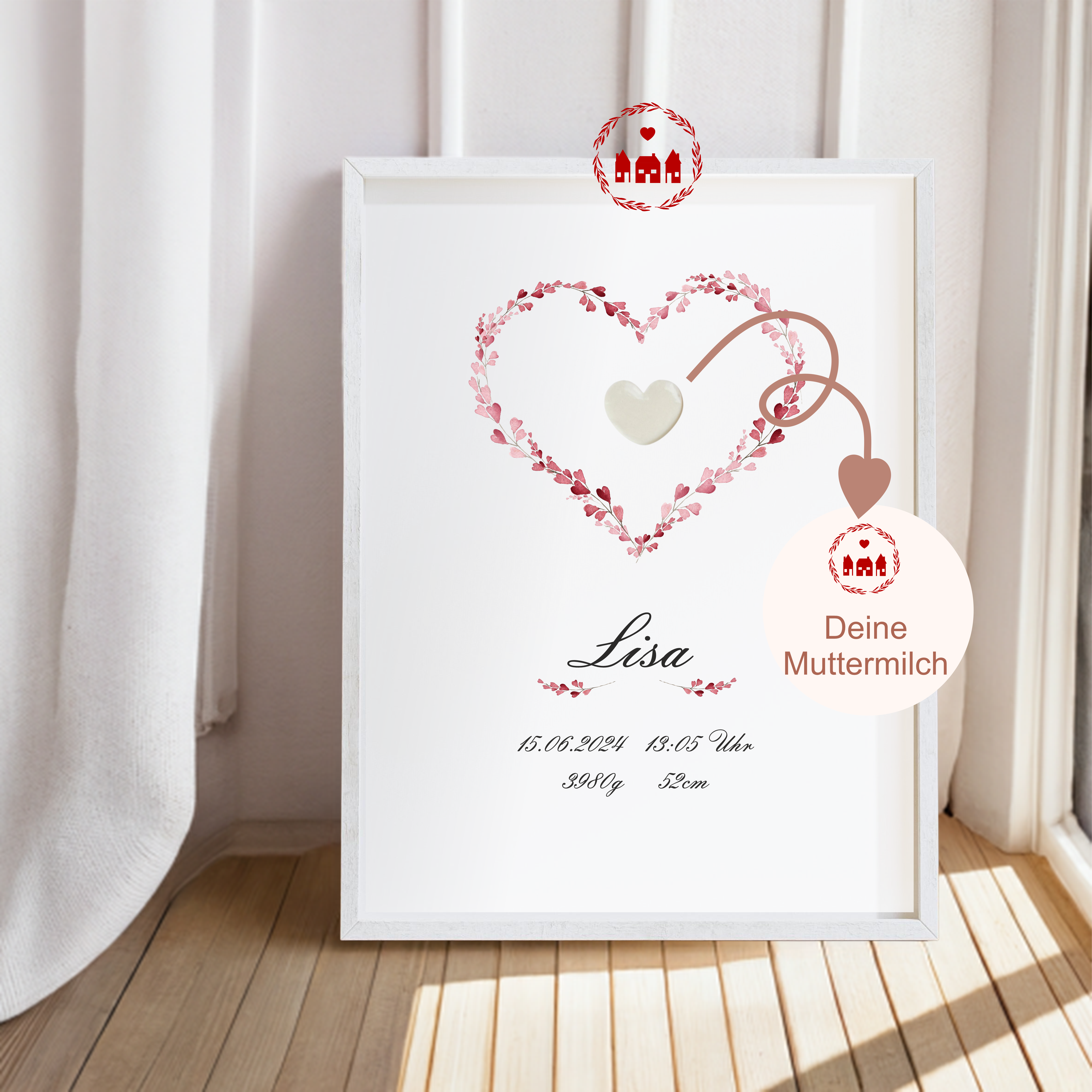Muttermilch Bild - Rote Watercolor Herzen mit Wunschform aus Muttermilch - Alternative Muttermilchschmuck - Geburt - Baby - Mama 