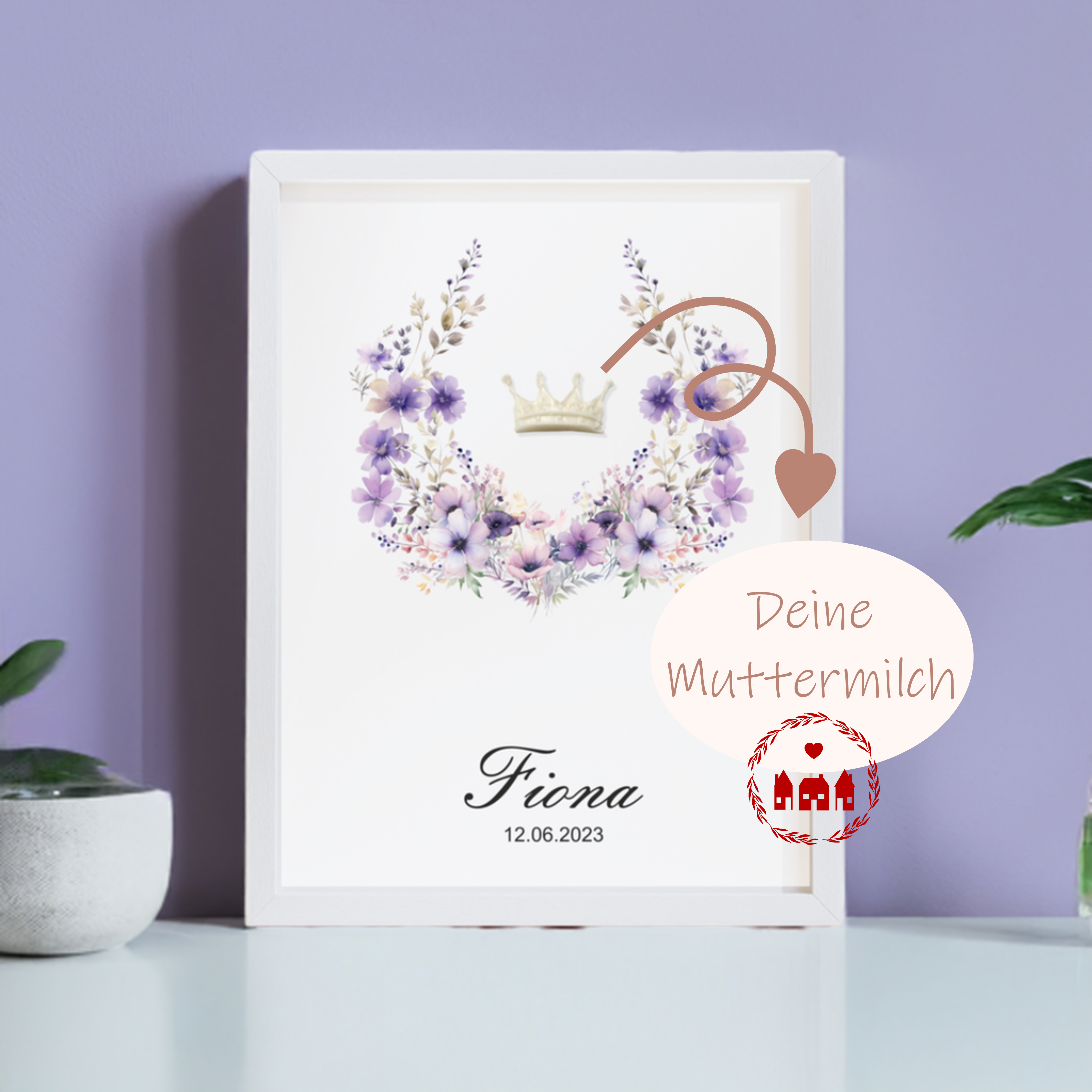 Muttermilch Bild - Lila Aquarell Blumen mit Wunschform aus Muttermilch - Alternative Muttermilch Schmuck - Geburt - Baby - Mama