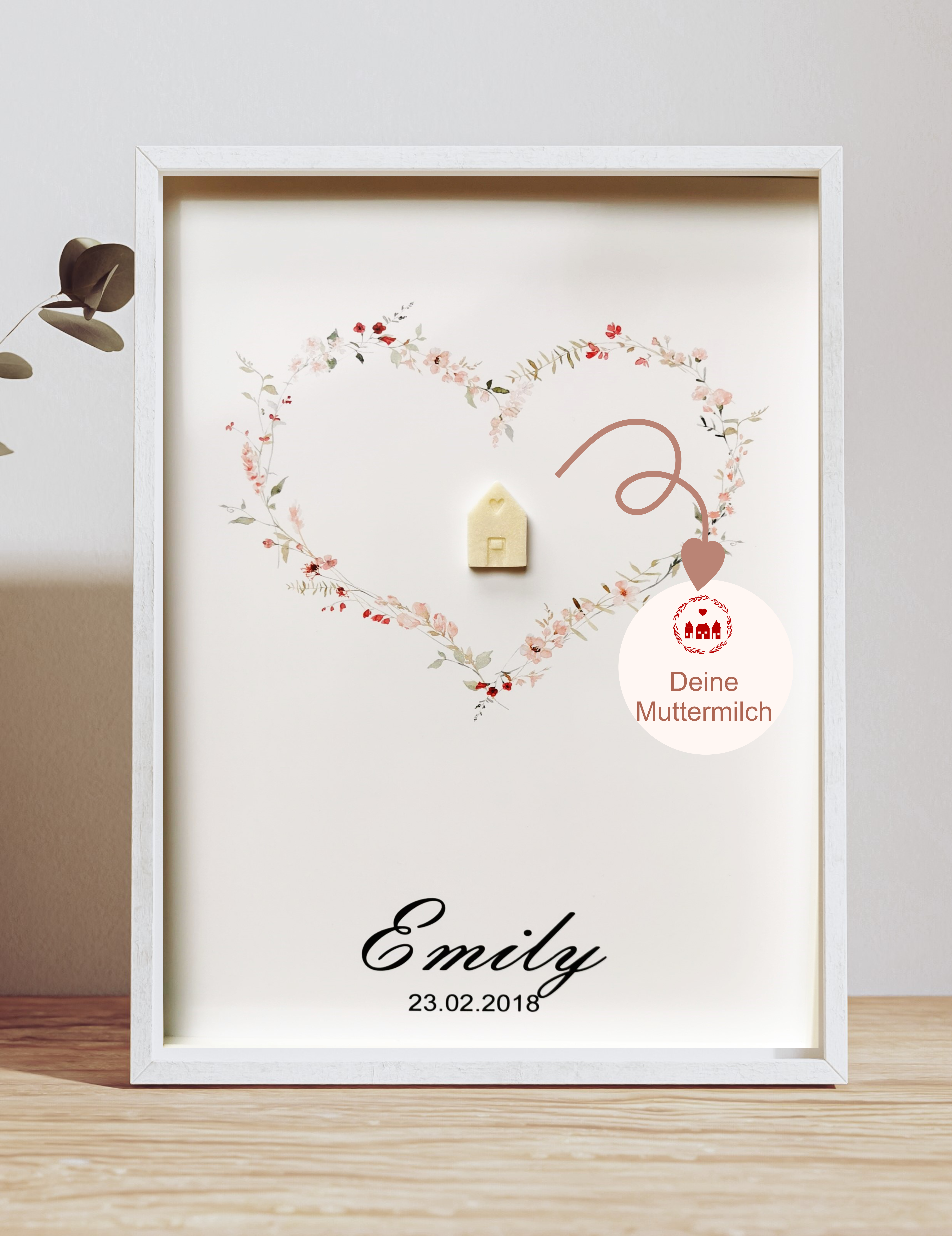 Muttermilch Bild - Wildblumen Herz mit Wunschform aus Muttermilch - Alternative Muttermilchschmuck - Geburt - Baby - Mama