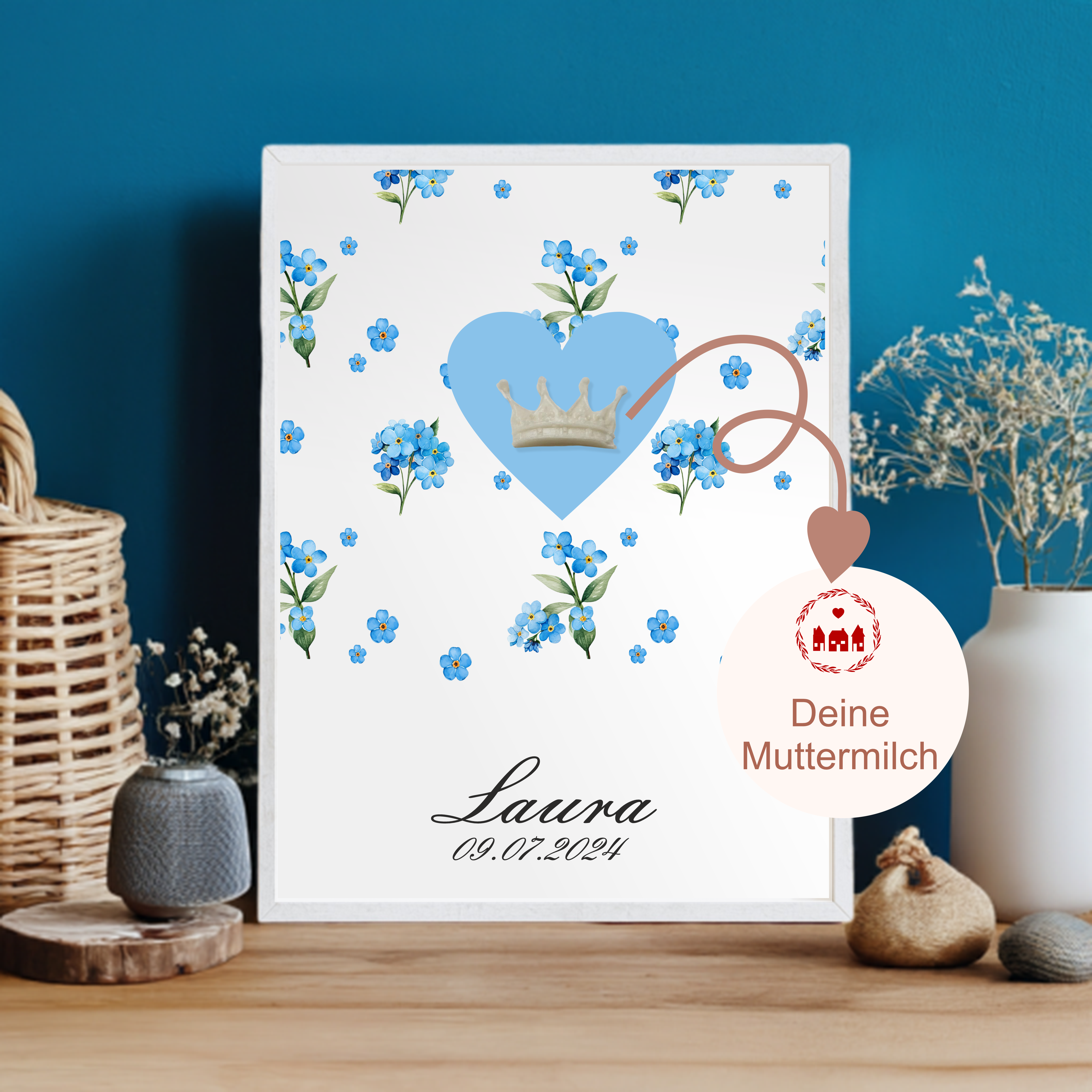 Muttermilch Bild - Vergissmeinnicht mit Wunschform aus Muttermilch - Alternative Muttermilch Schmuck - Geburt - Baby - Mama - Geburtsposter