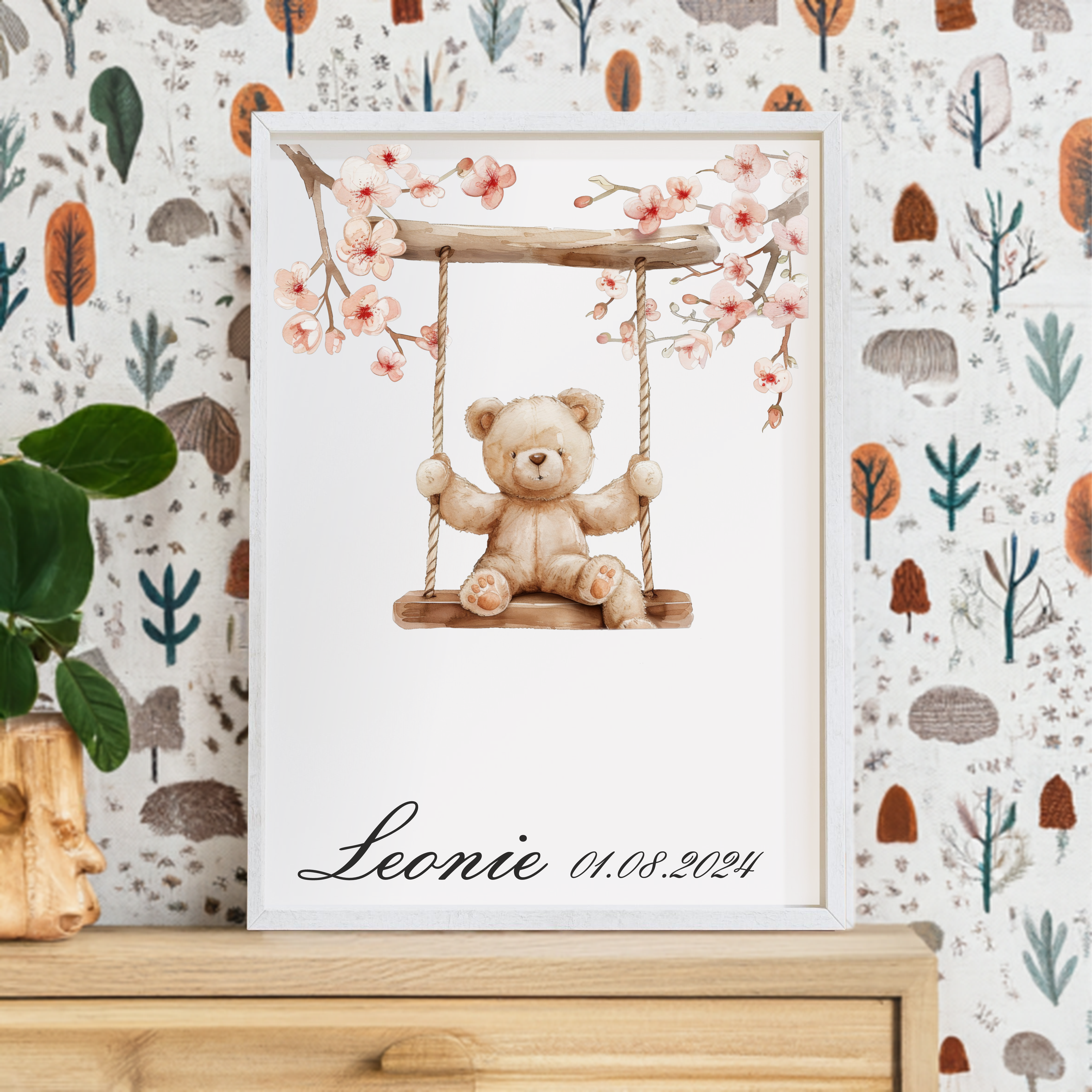 A4 Print Schaukelnder Teddybär - auch passend zur Muttermilch Bilder Kollektion, Namensposter, Geburtsposter, Kinderzimmer, Andenken
