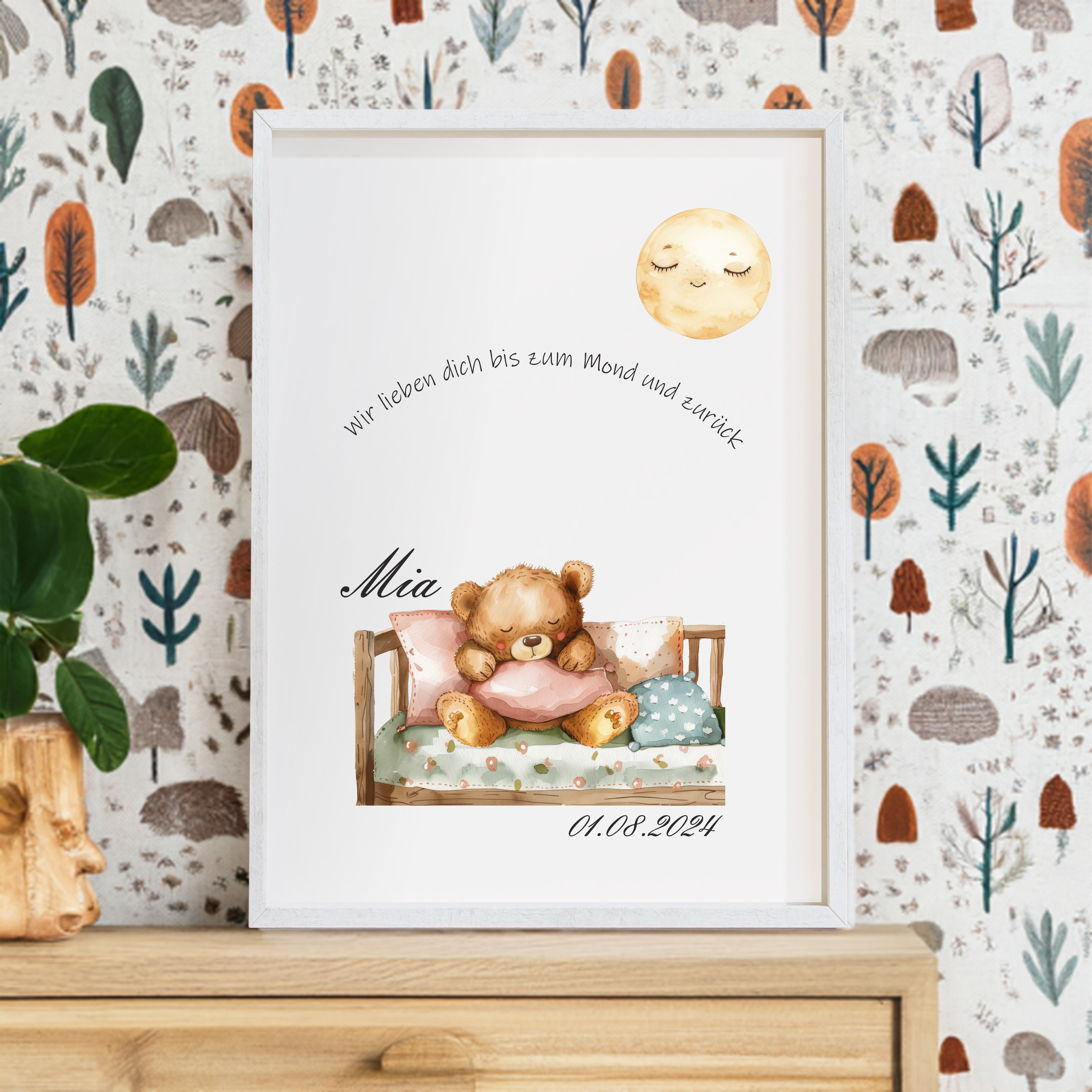 A4 Print Wir lieben dich bis zum Mond und zurück - auch passend zur Muttermilch Bilder Kollektion, Geburtsposter, Kinderzimmer
