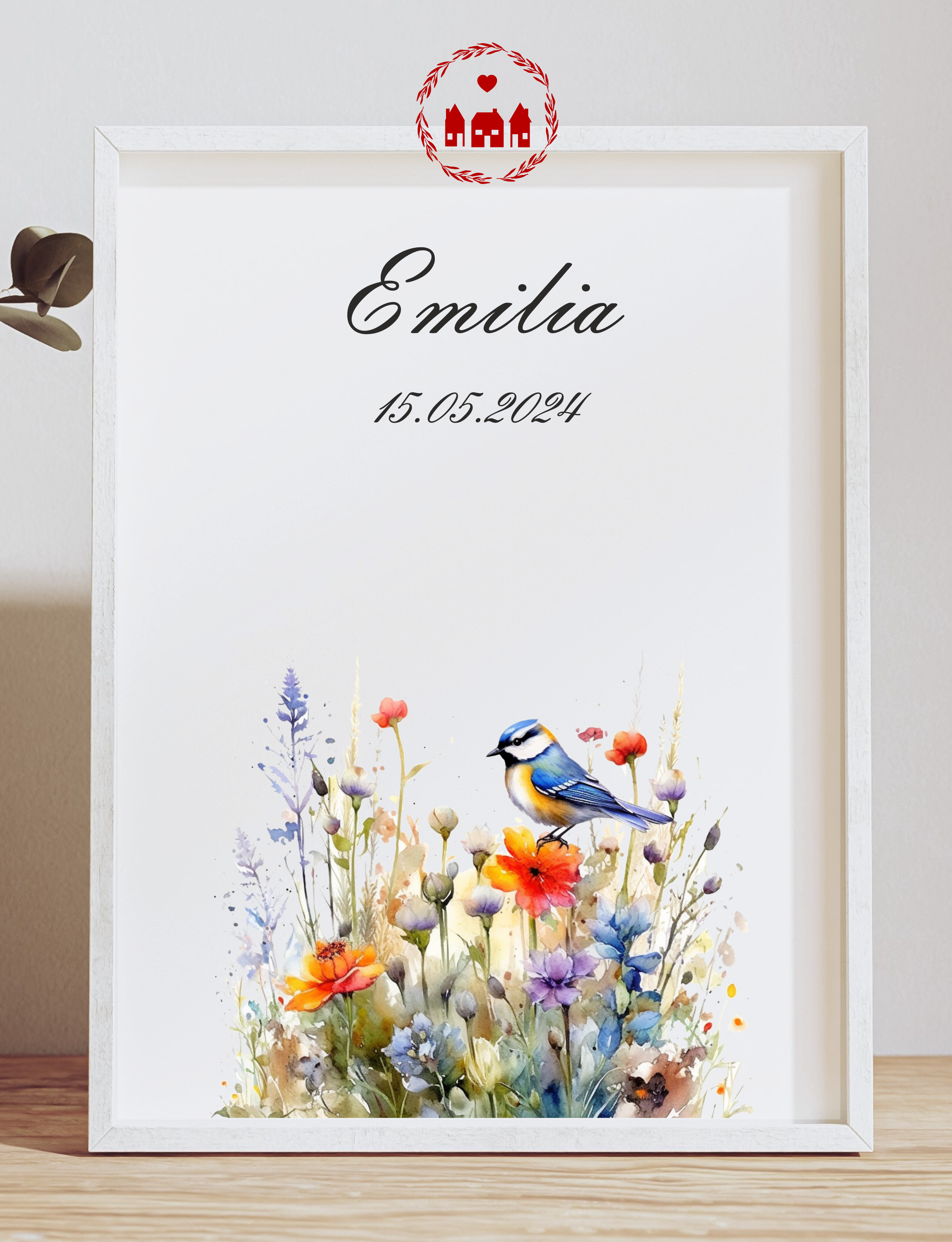 A4 Print Wildblumen mit Vögelchen - auch passend zur Muttermilch Bilder Kollektion, Namensposter, Geburtsposter, Kinderzimmer, Andenken