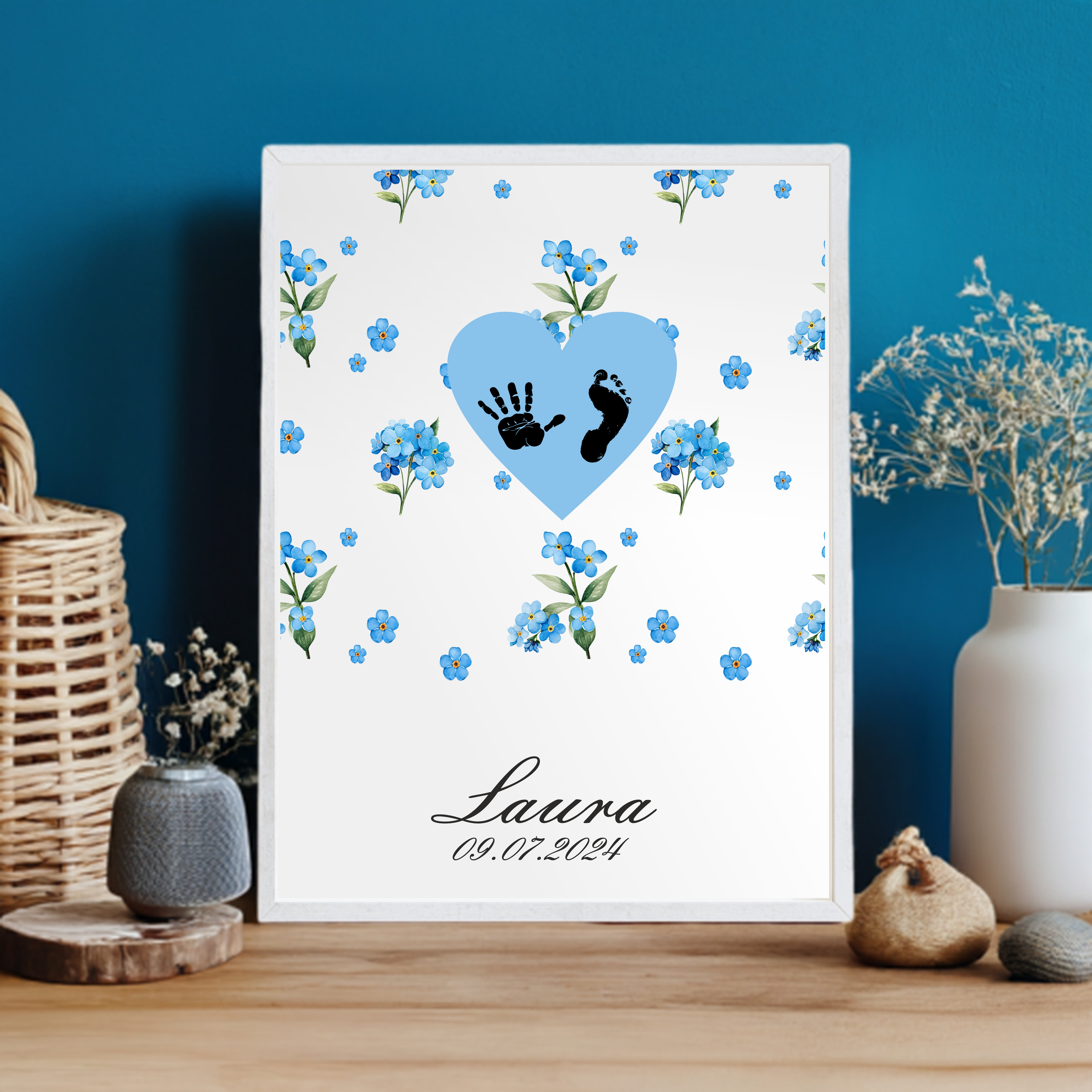 A4 Print Babyfüßchen oder -händchen Vergissmeinnicht – Personalisiert – Baby Poster – Geschenk für Eltern – Babyzimmer Deko
