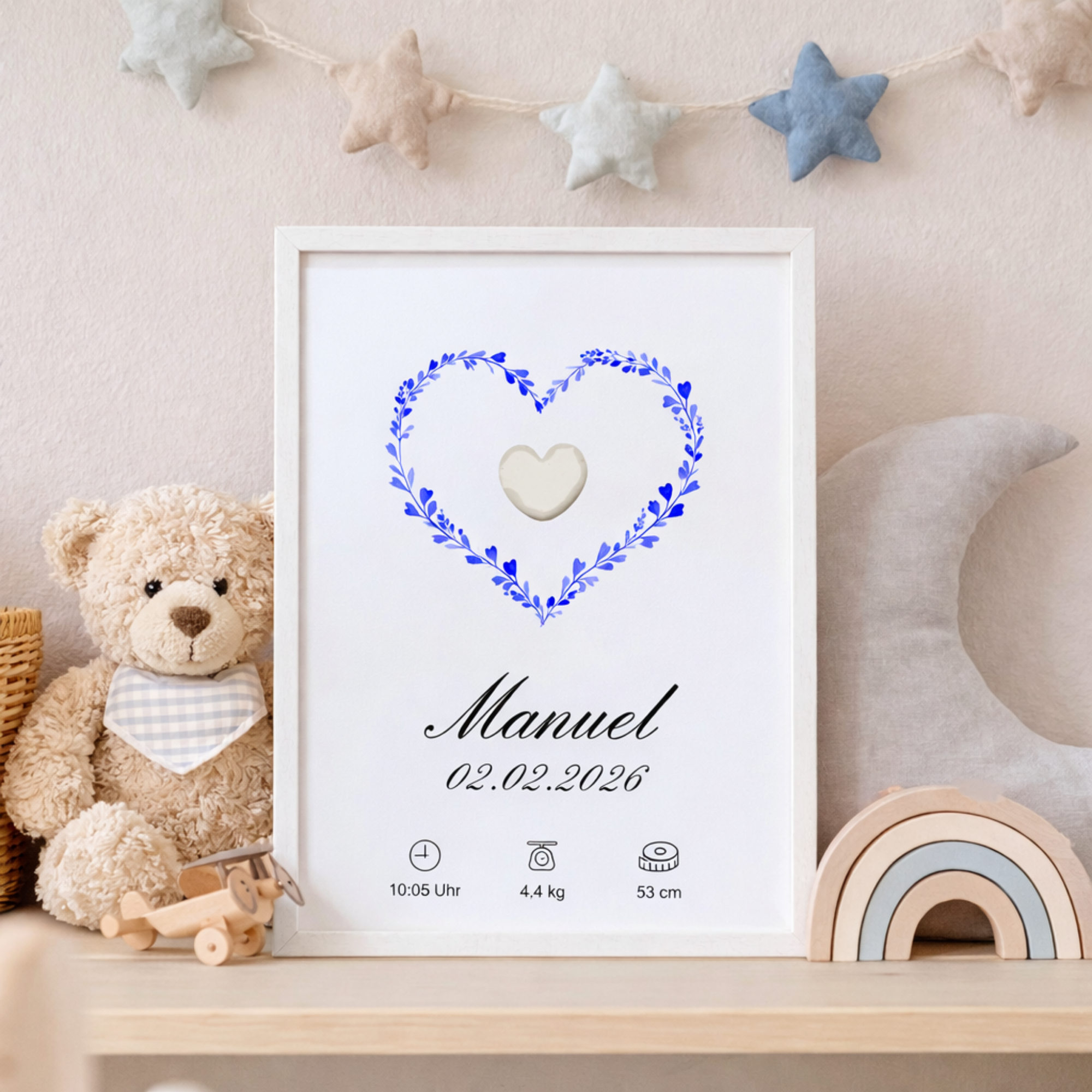 Muttermilch Erinnerungsbild - Haarsträhne optional - Blaue Watercolor Herzen – eine Alternative zu Muttermilchschmuck - persönliches Baby Andenken