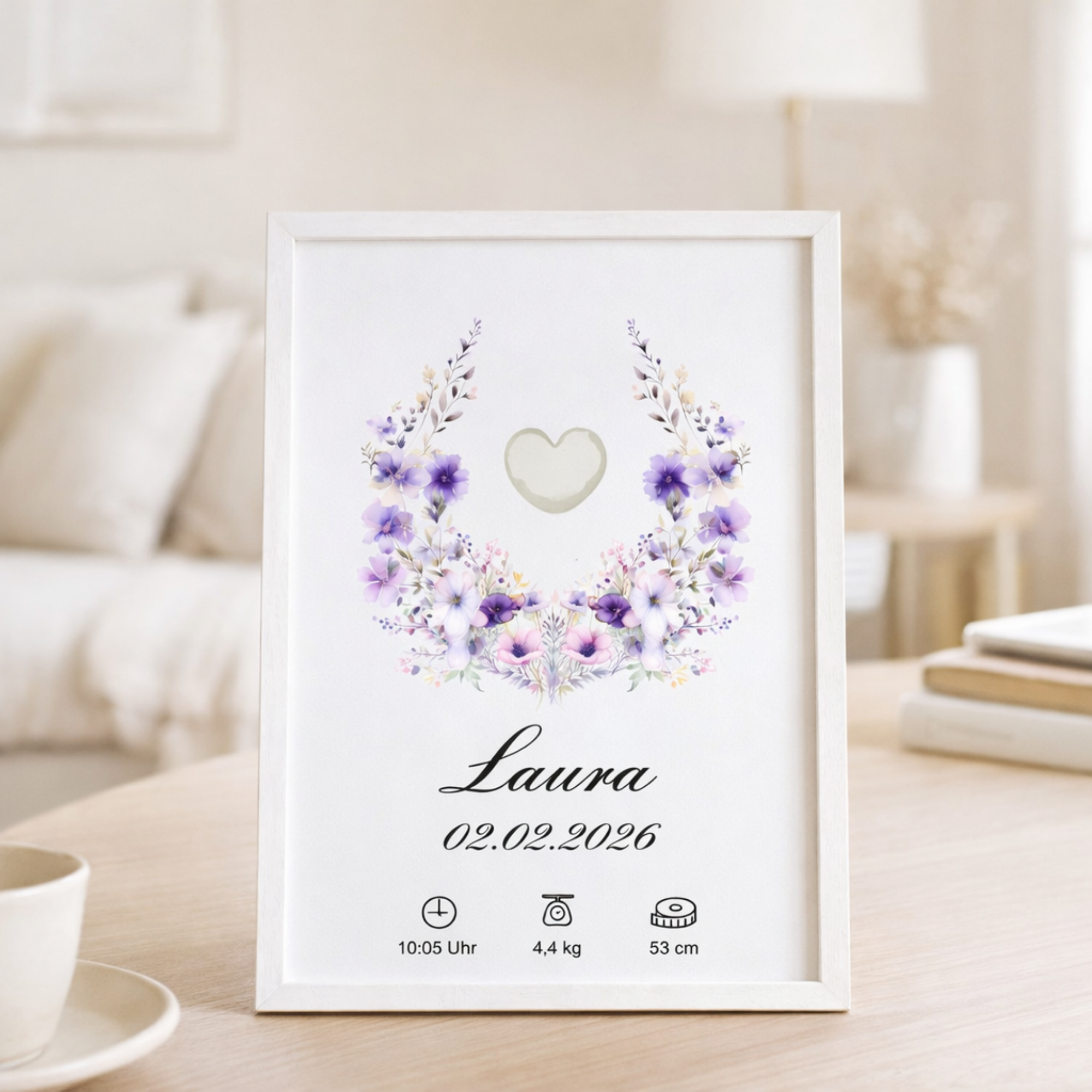 Muttermilch Erinnerungsbild - Haarsträhne optional - Lila Aquarellblüten – eine Alternative zu Muttermilchschmuck - Baby Erinnerung