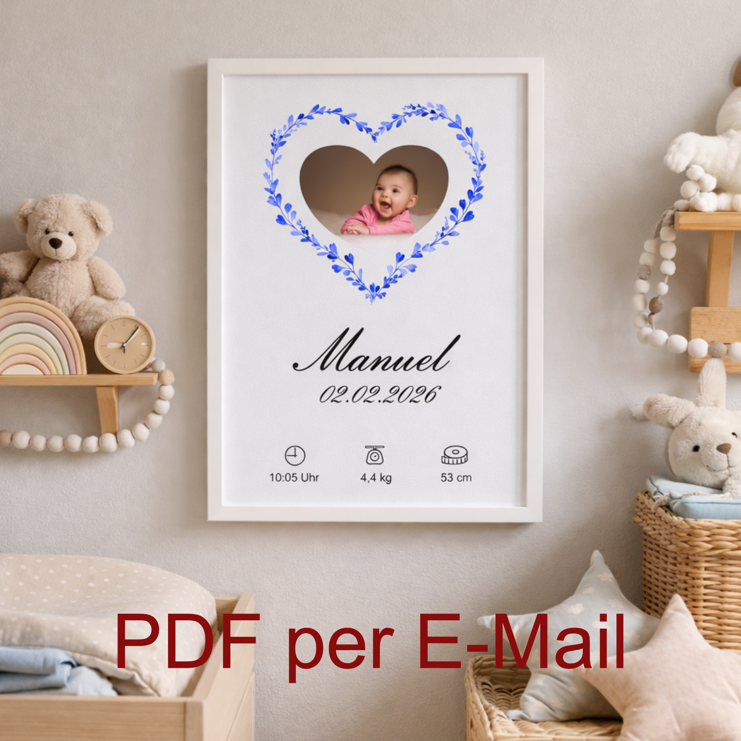 Muttermilch Erinnerungsbild - Haarsträhne optional - Blaue Watercolor Herzen – eine Alternative zu Muttermilchschmuck - persönliches Baby Andenken