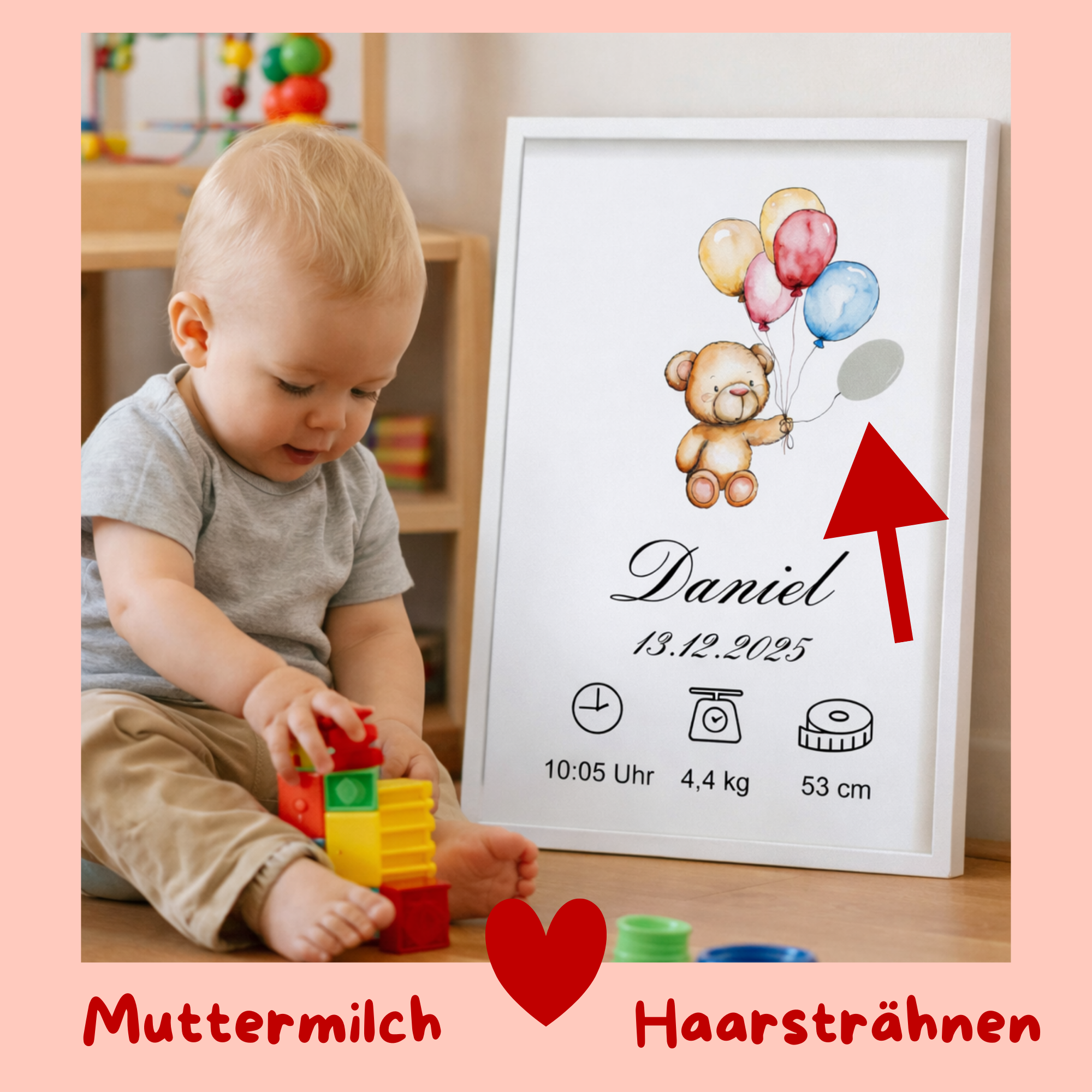 Muttermilch Erinnerungsbild - Haarsträhne optional - Süßer Teddy mit Luftballons – eine Alternative zu Muttermilchschmuck - persönliches Baby Andenken