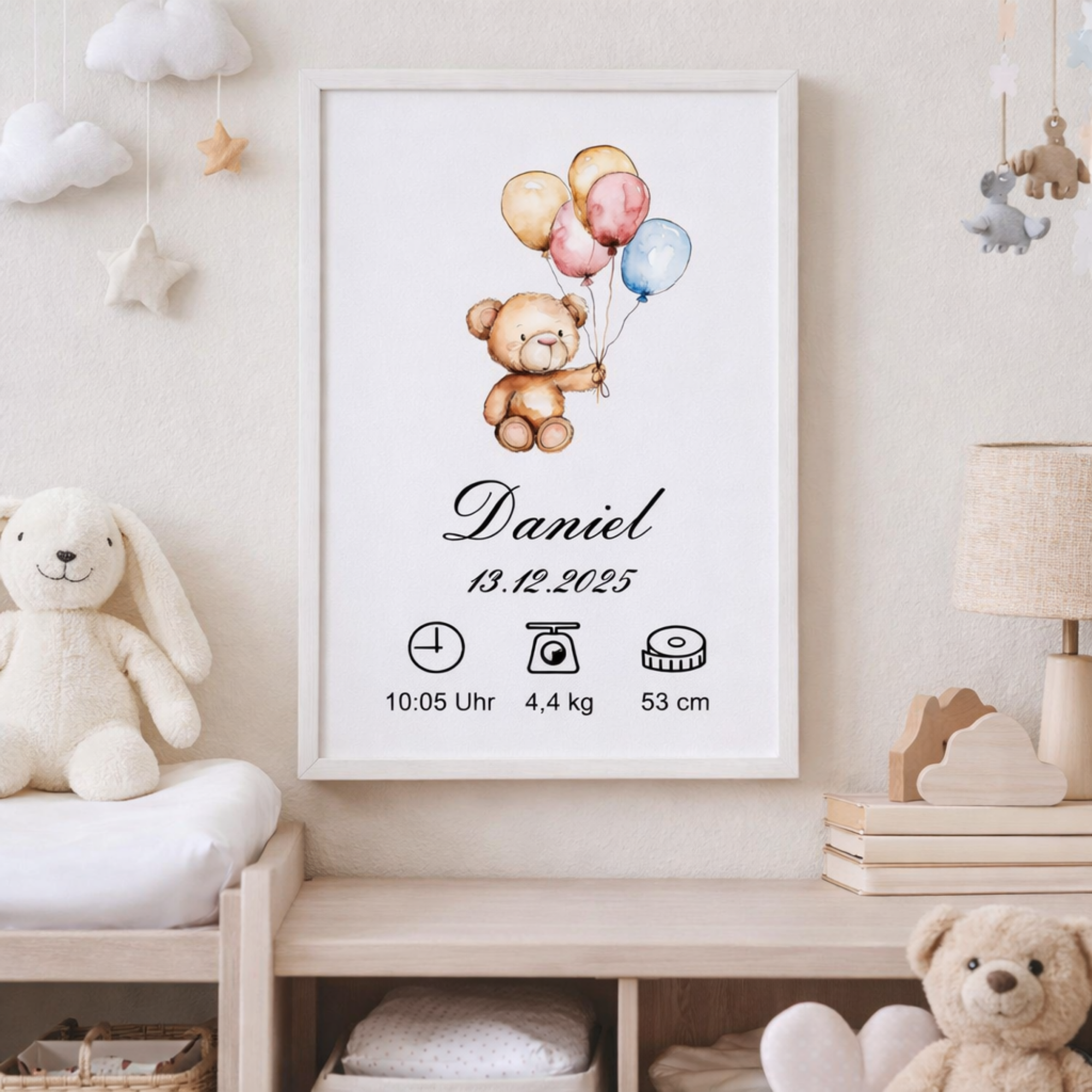 Muttermilch Erinnerungsbild - Haarsträhne optional - Süßer Teddy mit Luftballons – eine Alternative zu Muttermilchschmuck - persönliches Baby Andenken