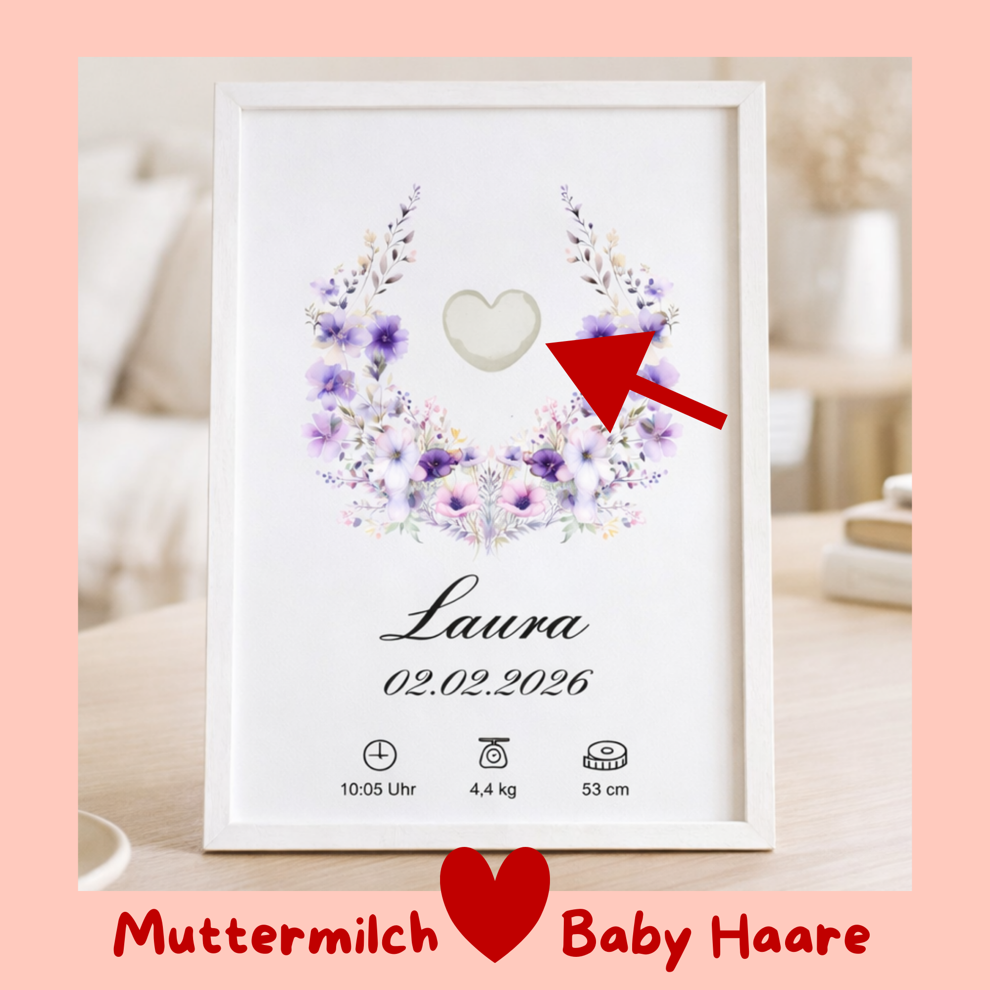 Muttermilch Erinnerungsbild - Haarsträhne optional - Lila Aquarellblüten – eine Alternative zu Muttermilchschmuck - Baby Erinnerung
