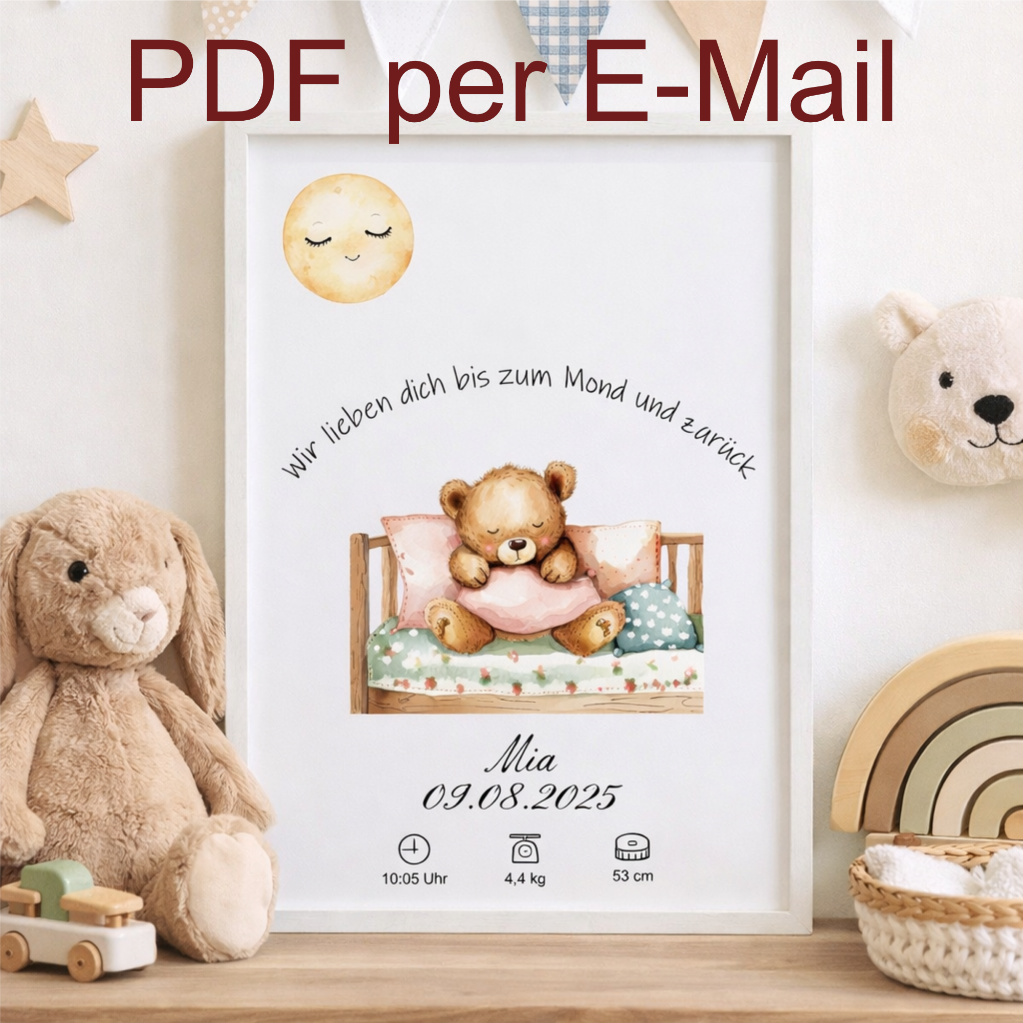 Muttermilch Erinnerungsbild - Haarsträhne optional - Wir lieben dich bis zum Mond – eine Alternative zu Muttermilchschmuck - Baby Erinnerung