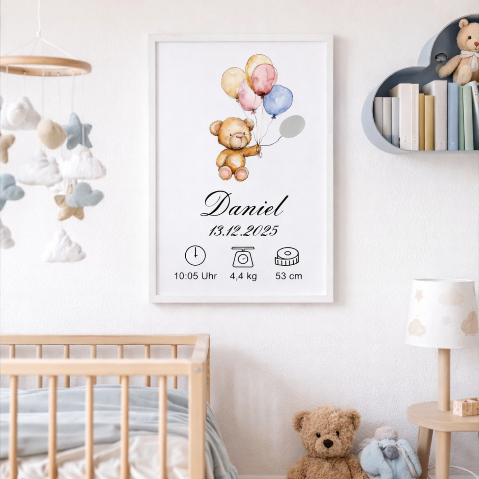 Muttermilch Erinnerungsbild - Haarsträhne optional - Süßer Teddy mit Luftballons – eine Alternative zu Muttermilchschmuck - persönliches Baby Andenken