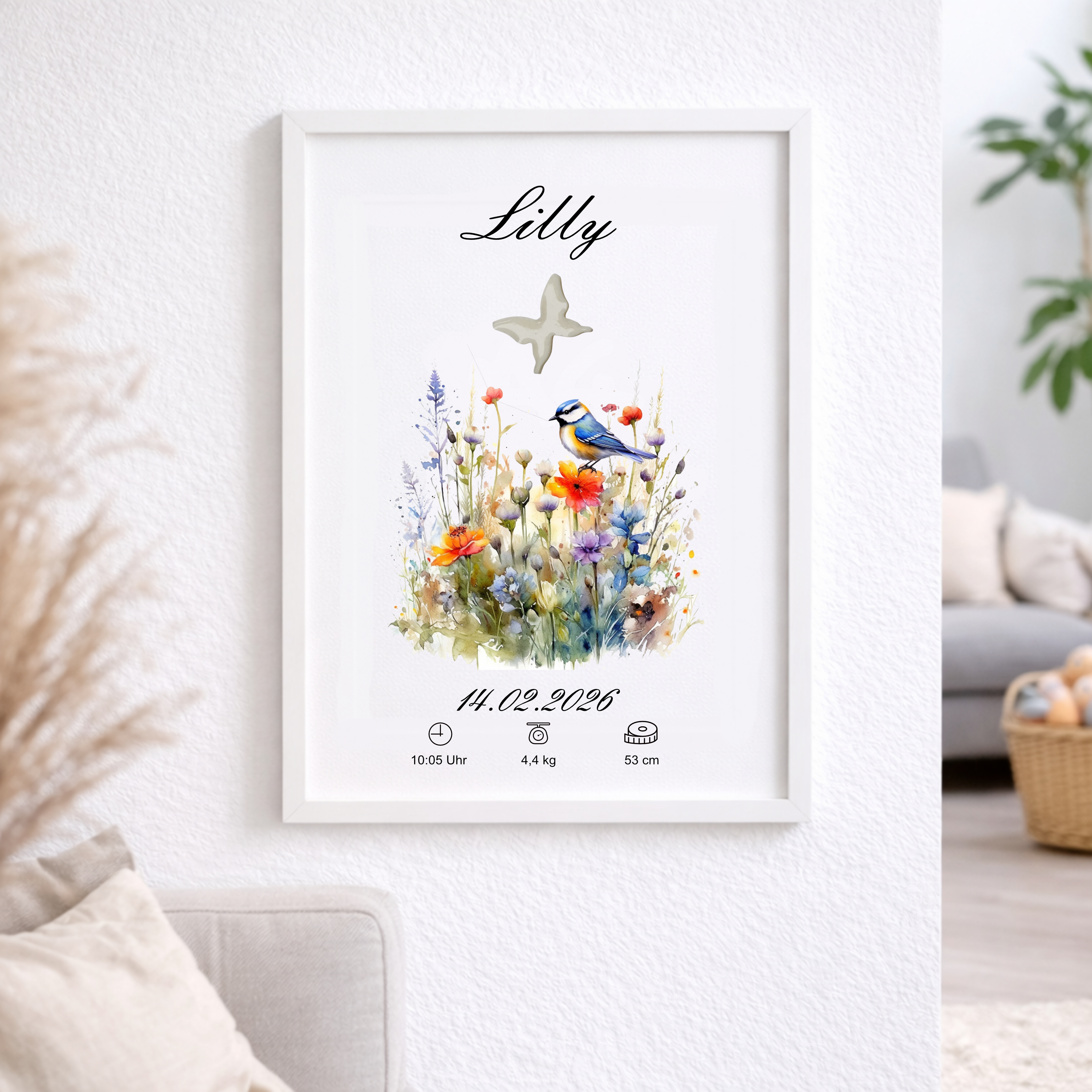 Muttermilch Erinnerungsbild - Haarsträhne optional - Wiesenblumen mit Vögelchen – eine Alternative zu Muttermilchschmuck - Baby Erinnerung