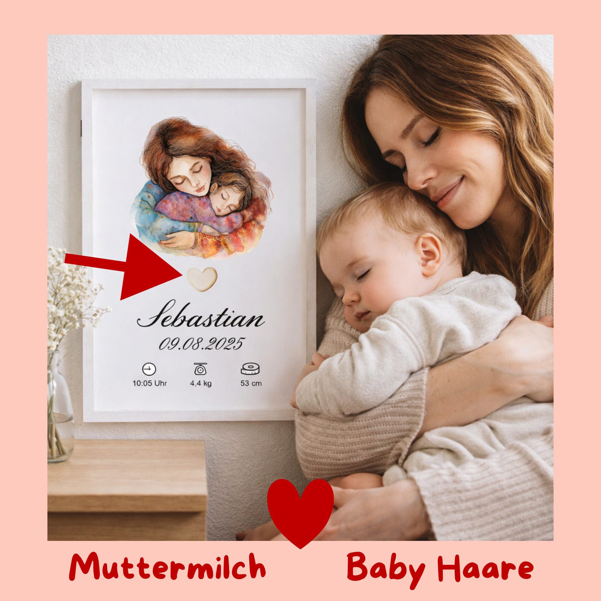 Muttermilch Erinnerungsbild - Haarsträhne optional - Mama Sohn Liebe – eine Alternative zu Muttermilchschmuck - Baby Erinnerung