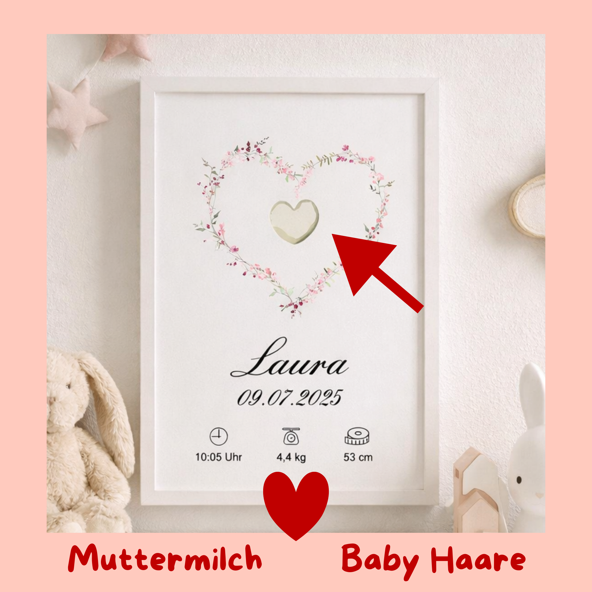 Muttermilch Erinnerungsbild - Haarsträhne optional - Wildblumen Herz – eine Alternative zu Muttermilchschmuck - Baby Erinnerung