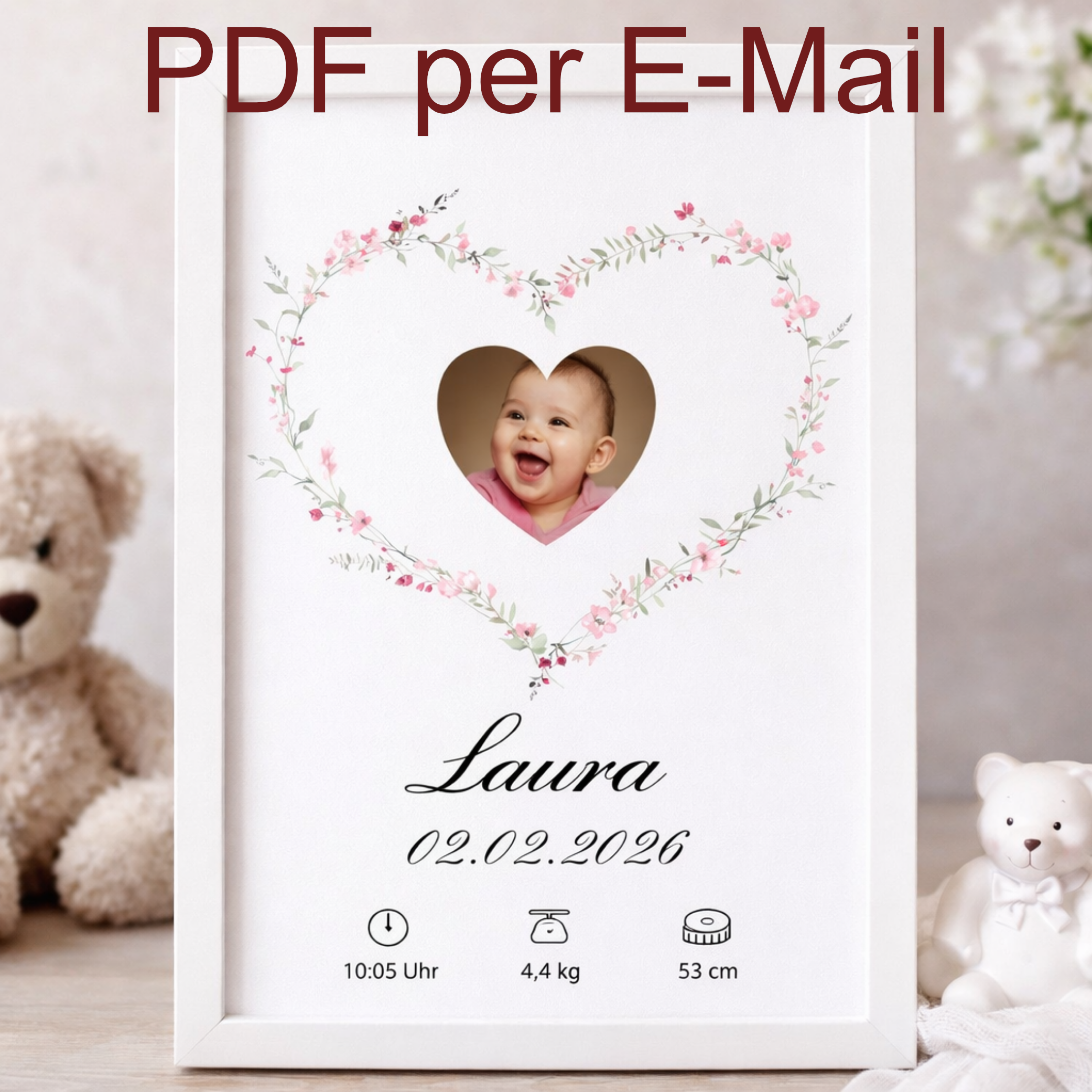 Muttermilch Erinnerungsbild - Haarsträhne optional - Wildblumen Herz – eine Alternative zu Muttermilchschmuck - Baby Erinnerung