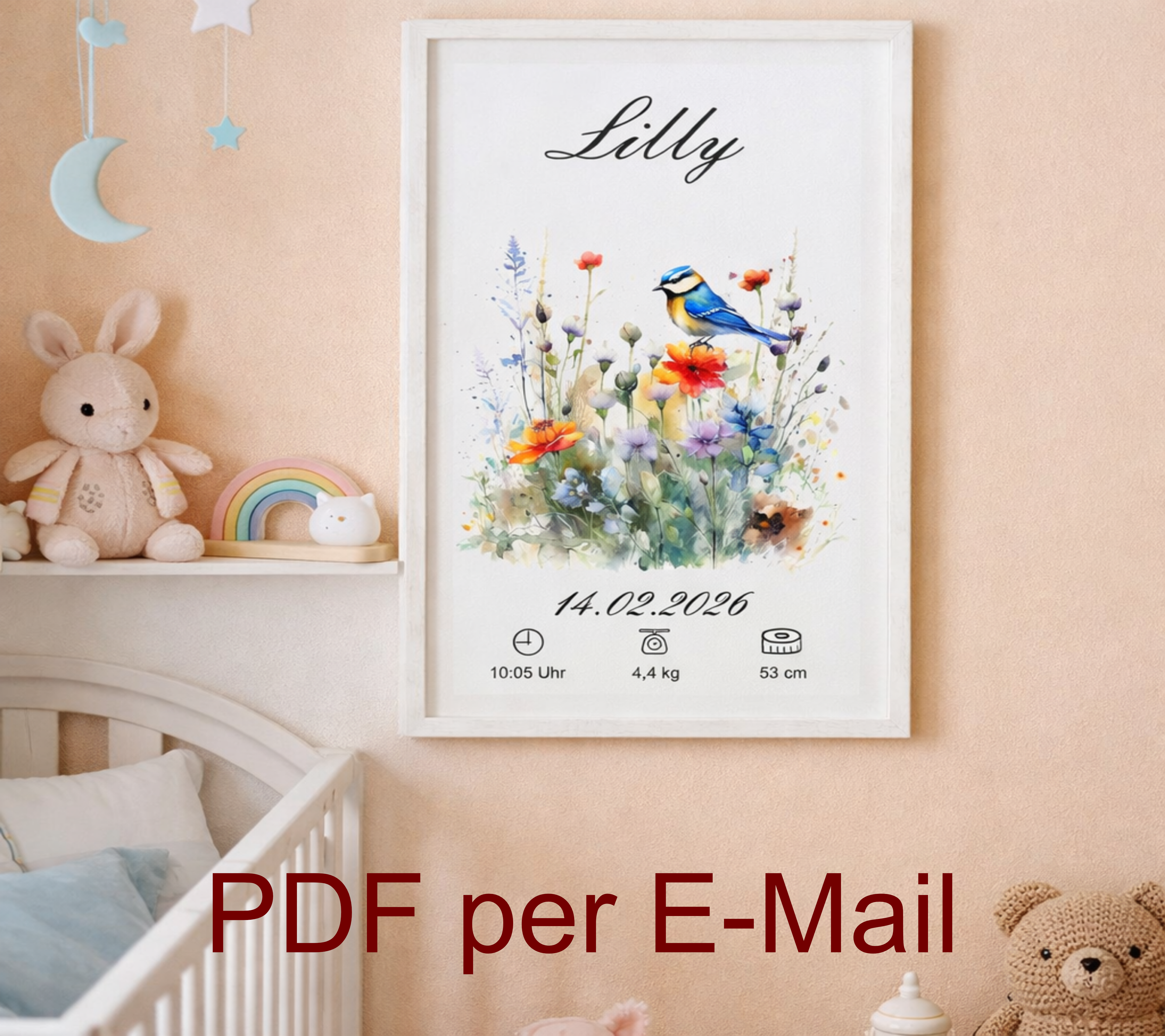 Muttermilch Erinnerungsbild - Haarsträhne optional - Wiesenblumen mit Vögelchen – eine Alternative zu Muttermilchschmuck - Baby Erinnerung