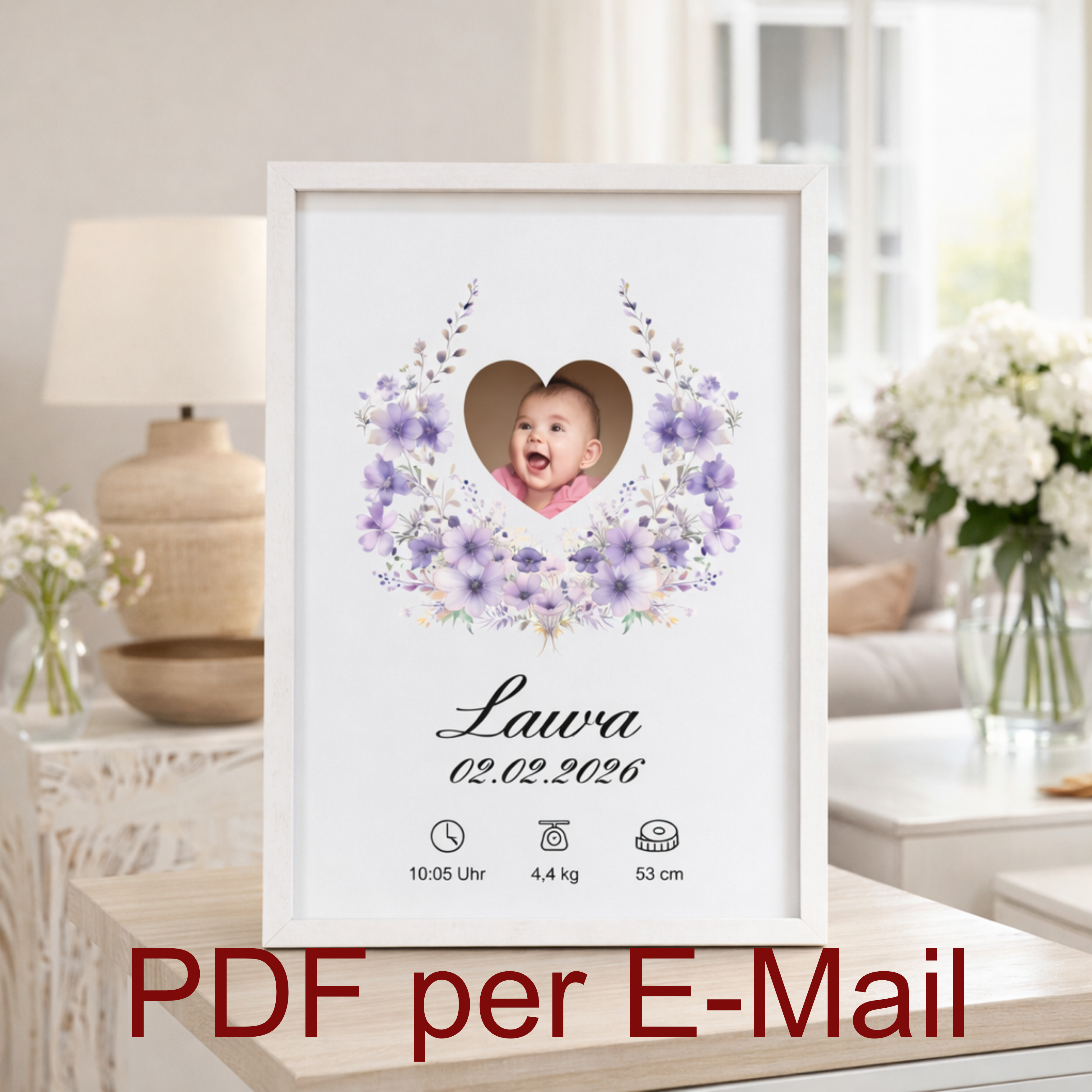 Muttermilch Erinnerungsbild - Haarsträhne optional - Lila Aquarellblüten – eine Alternative zu Muttermilchschmuck - Baby Erinnerung