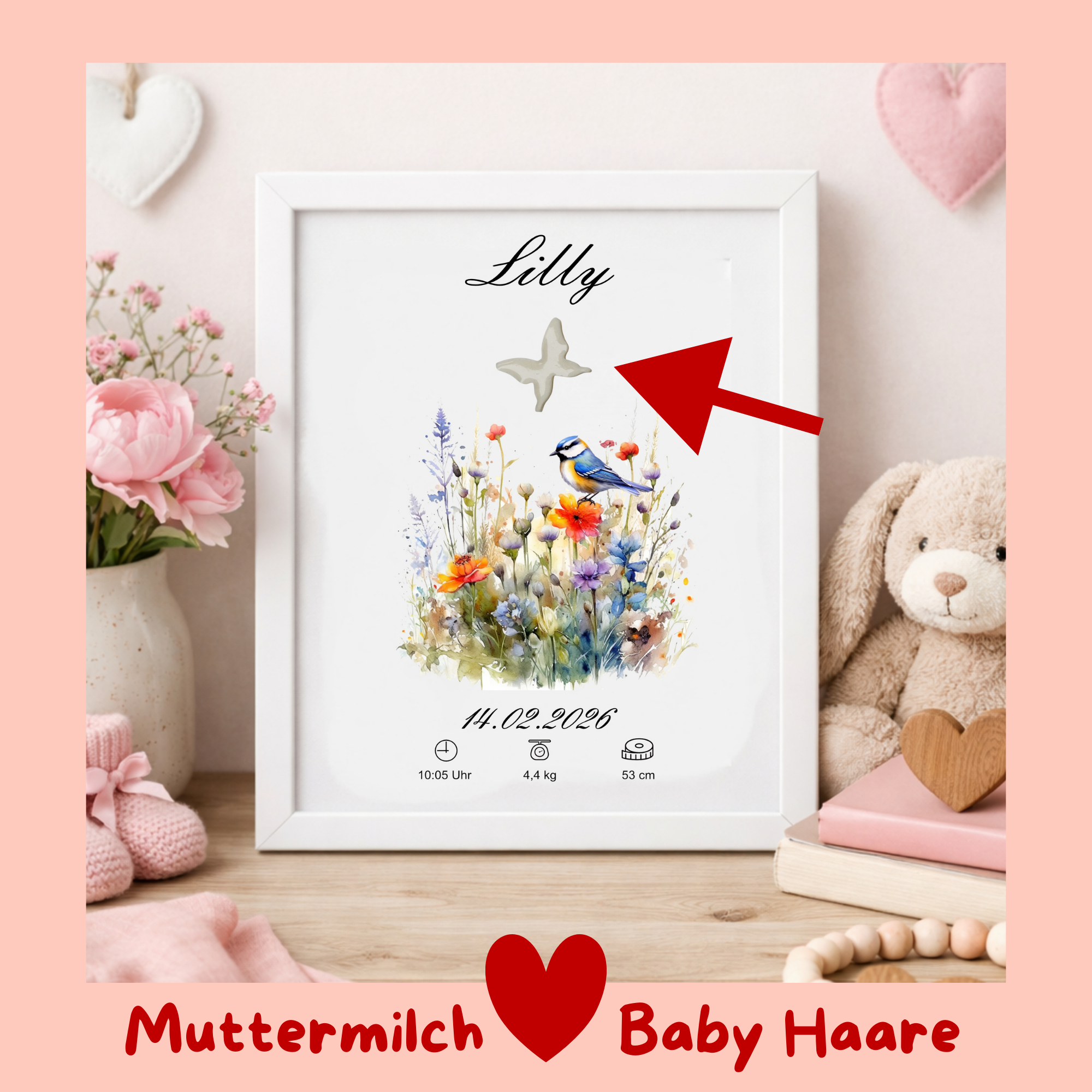 Muttermilch Erinnerungsbild - Haarsträhne optional - Wiesenblumen mit Vögelchen – eine Alternative zu Muttermilchschmuck - Baby Erinnerung