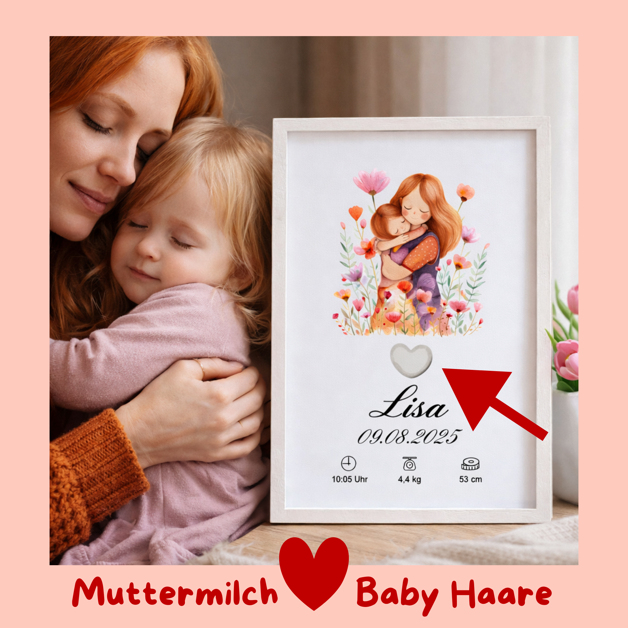 Muttermilch Erinnerungsbild - Haarsträhne optional - Mama Tochter Liebe – eine Alternative zu Muttermilchschmuck - Baby Erinnerung