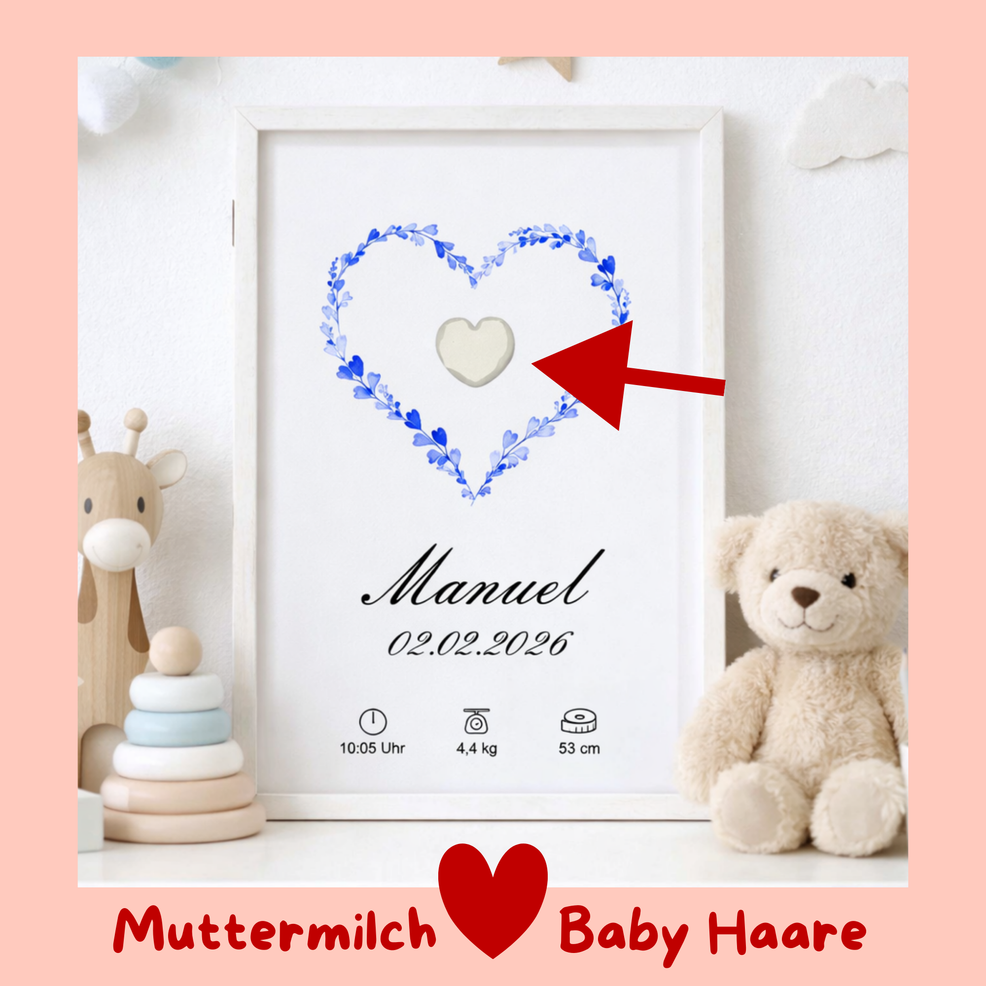 Muttermilch Erinnerungsbild - Haarsträhne optional - Blaue Watercolor Herzen – eine Alternative zu Muttermilchschmuck - persönliches Baby Andenken